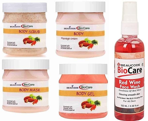 Beaucode BioCare Red Wine Facial Kit - 100ml Face Wash & 5-Piece Cream, Mask, Gel, Scrub Set (250g Each) for All Skin Types - Paraben-Free, SLS-Free, Sulfate-Free, Cruelty-Free - Perfect for Daily Skincare & Spa Nights