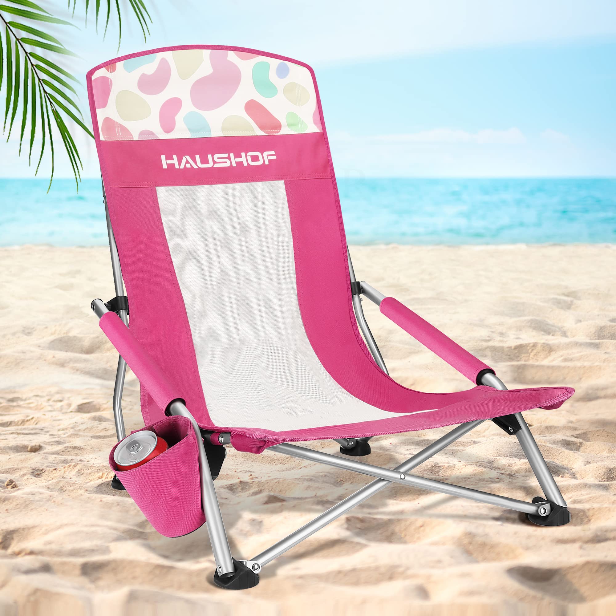 HAUSHOF High Back Beach Chair with Cup Holder - Lightweight Folding Camping Chair with Mesh Back, Padded Armrest & Carry Bag - Perfect for Outdoor, Beach, Lawn, Camping, Picnic & Festival Use