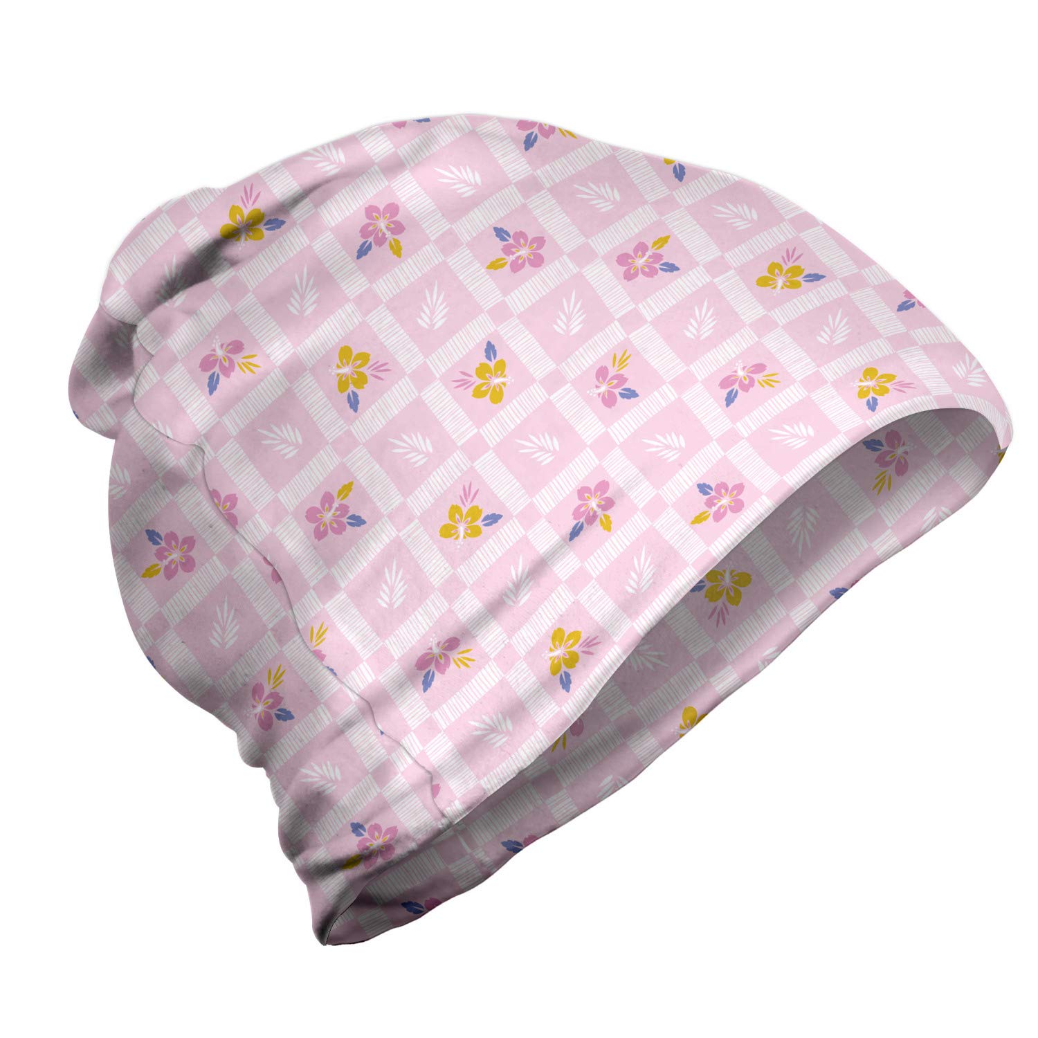 Ambesonne Unisex Beanie - Stylish Hibiscus Flower Square Pattern Knit Hat for Men & Women - Perfect for Hiking, Camping, and Winter Outdoor Activities