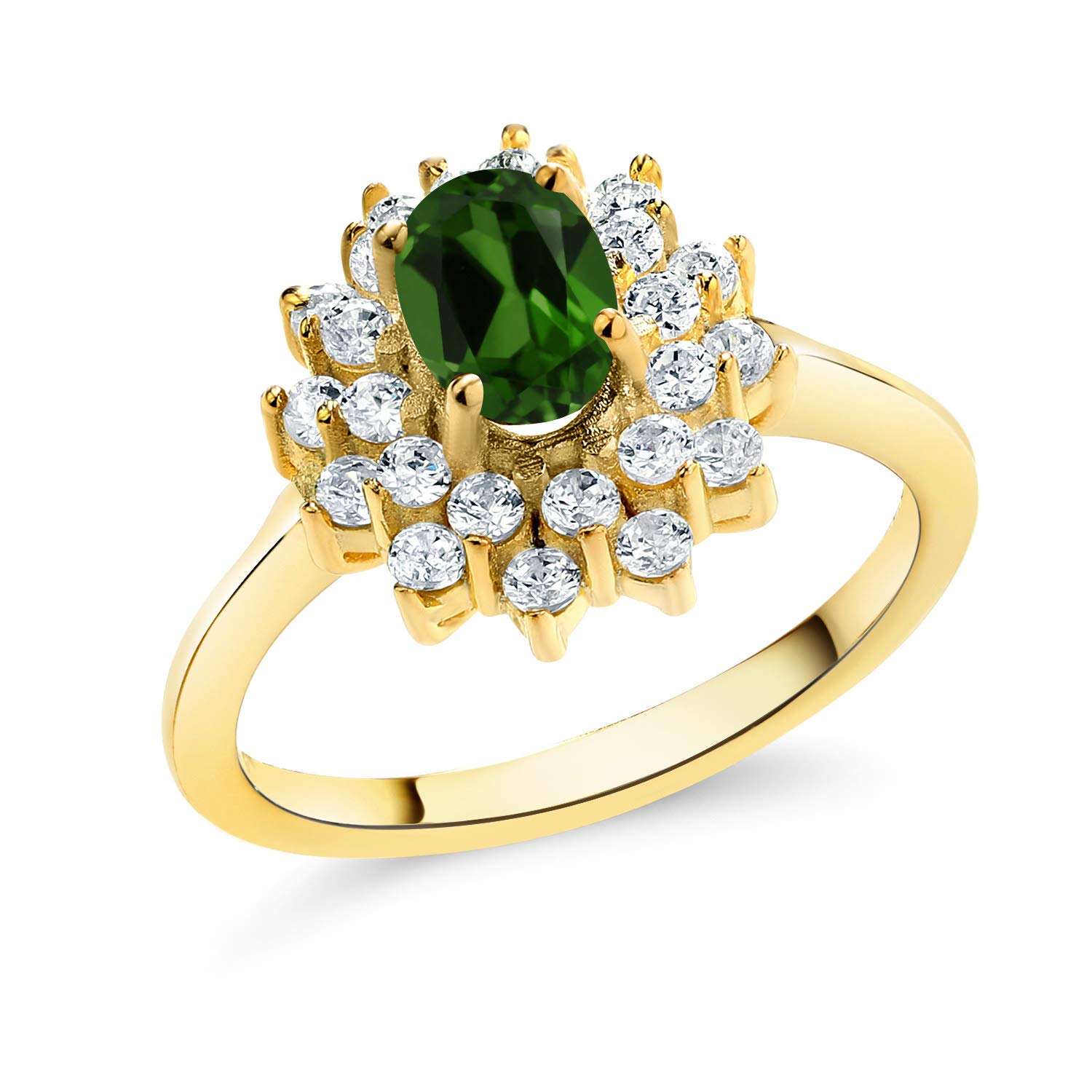 1.30 Ct Oval Green Chrome Diopside Ring - 18K Yellow Gold Plated Silver Flower Design | Gem Stone King | Elegant Jewelry for Women, Perfect for Weddings, Parties & Special Occasions