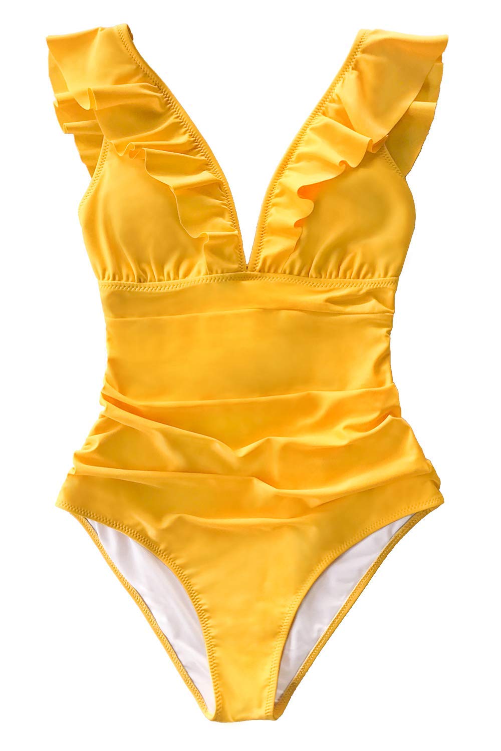 CUPSHE Women's Yellow Ruffled Lace Up One Piece Swimsuit with White Sleeveless Tassel Hem Cover Up - Sexy Beachwear for Pool Party, Vacation & Summer Outfits