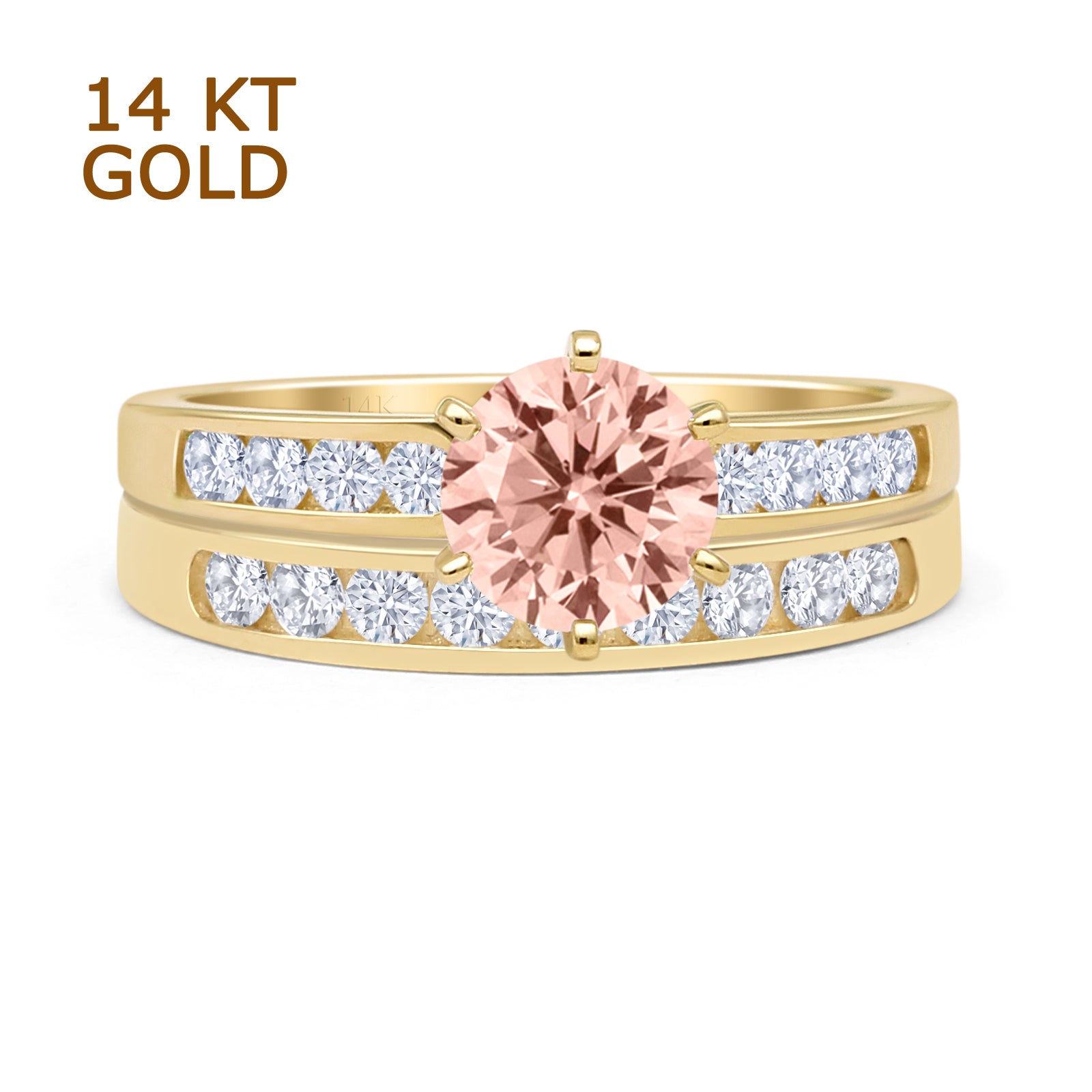 14K Yellow Gold Two Piece Half Eternity Round Morganite & CZ Cathedral Wedding Ring Set for Bridal Party, Engagement, Anniversary Gift
