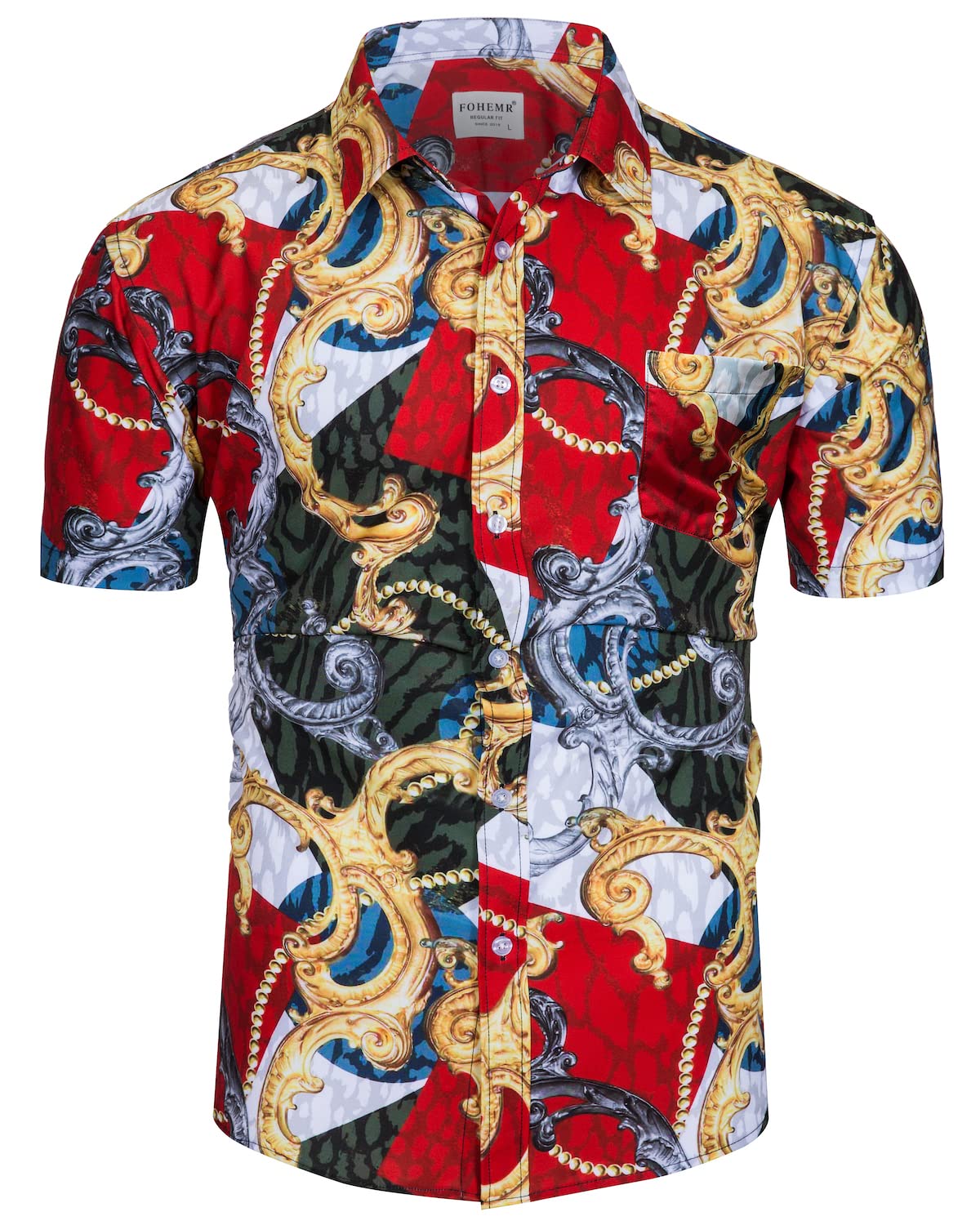 Luxury Men's Black & Gold Baroque Print Short Sleeve Dress Shirt - Chain Design Button Down Casual Shirt for Business, Party & Special Occasions