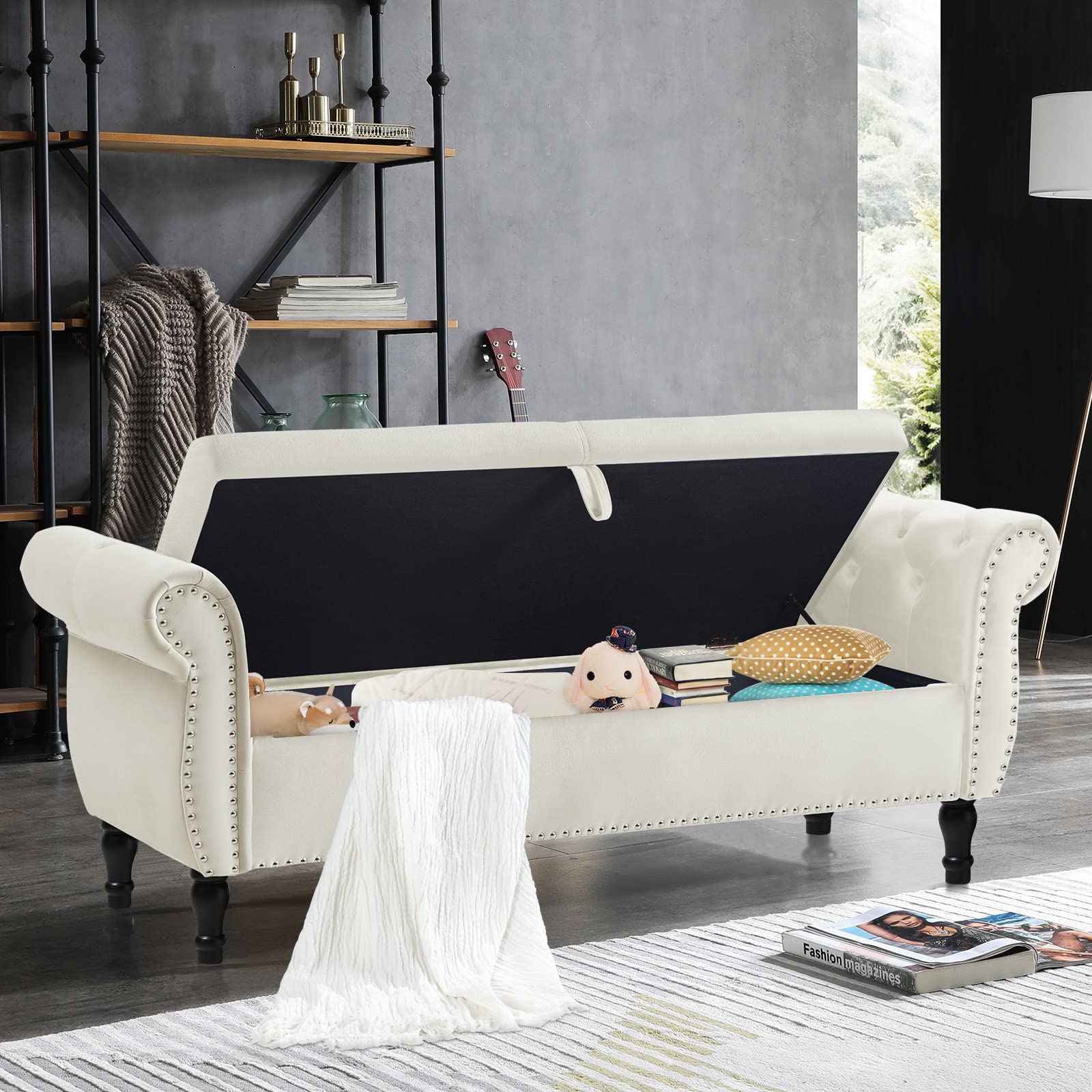 Velvet Storage Ottoman Bench with Tufted Upholstery - Mid Century Style Small Bench with Hidden Storage & Toss Pillow - Perfect for Bedroom, Entryway, Hallway & Living Room - Beige - Ideal for Extra Seating & Home Organization