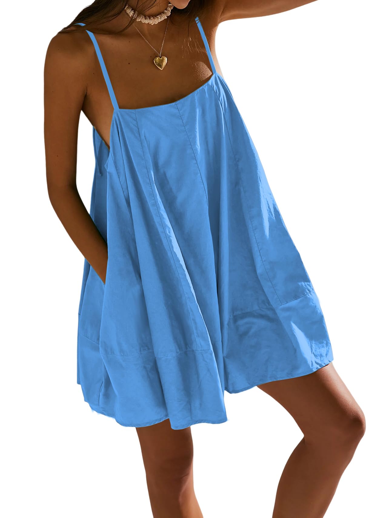 Fisoew Women's Oversized Spaghetti Strap Mini Dress - Sleeveless Flowy Casual Summer Sundress for Beach, Vacation & Date Night | Plus Size Options Available
