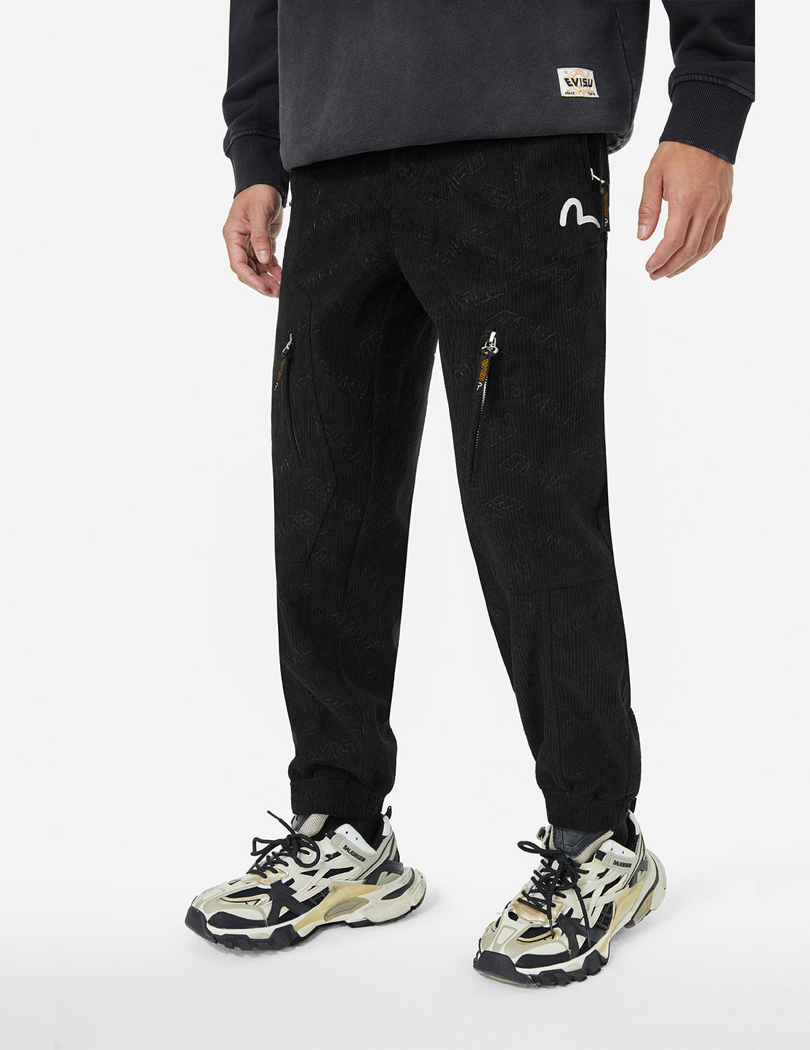 Evisu Allover Deboss Print & Seagull Embroidery Relaxed Fit Woven Jogger Pants for Men - Casual Streetwear, Lounge & Athleisure Wear