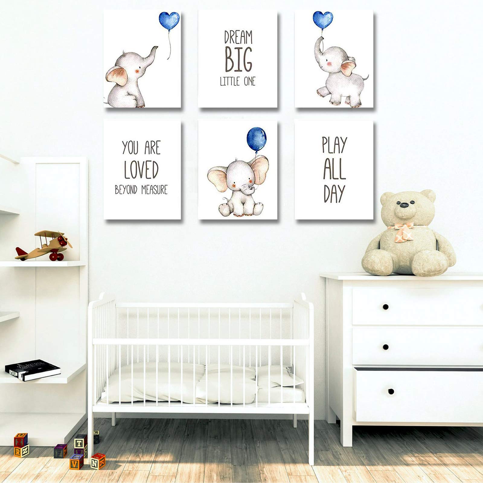 iMagitek Set of 6 Blue Elephant Nursery Wall Art Prints - Unframed Baby Boy Room Decor with Balloons (8
