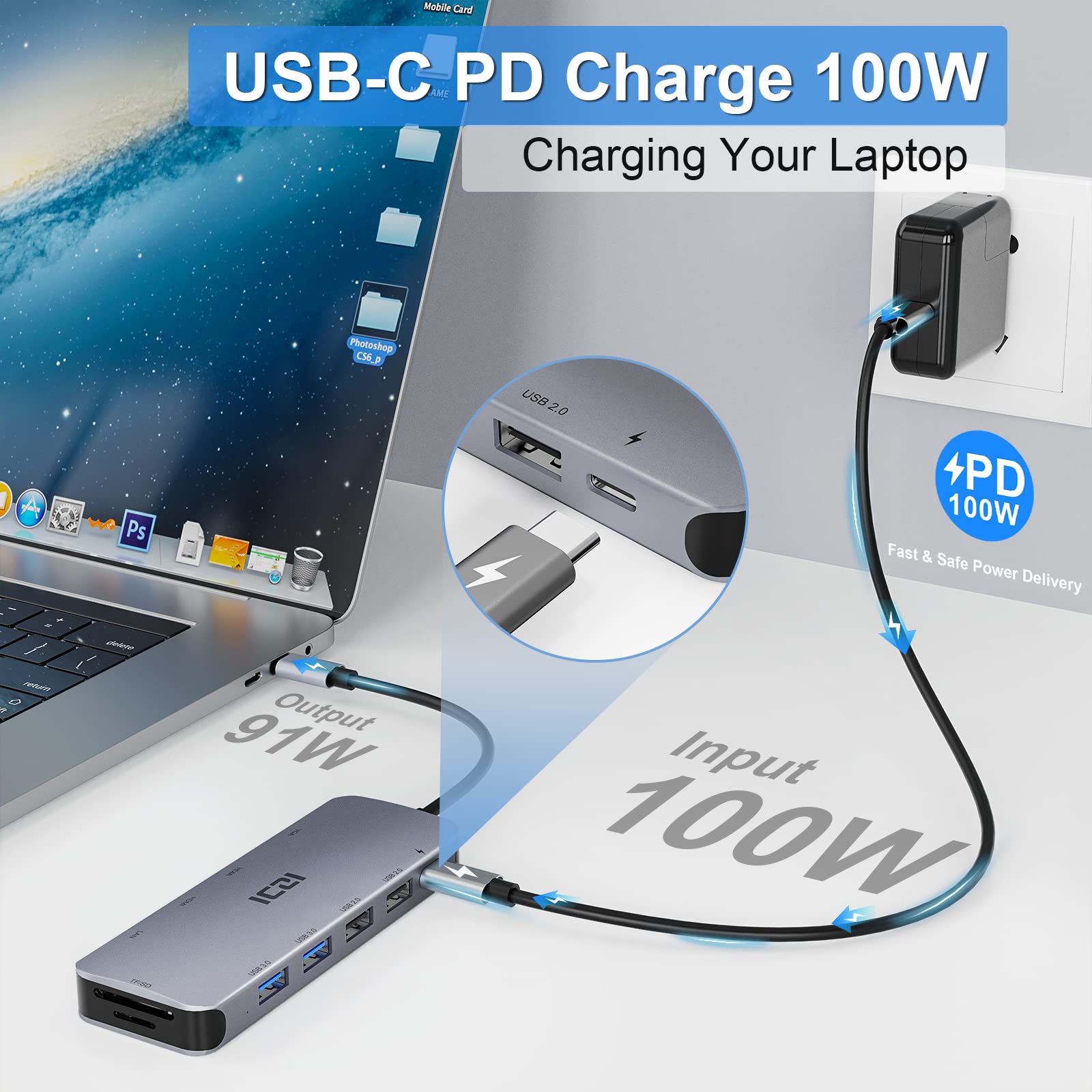 11-in-1 USB C Docking Station with Dual 4K HDMI & VGA - Triple Display Adapter for MacBook, Dell, HP, Lenovo & Surface Pro - 100W PD Charging, 4 USB Ports, Ethernet, SD/TF Card Reader - Perfect for Home Office & Multi-Monitor Workstations