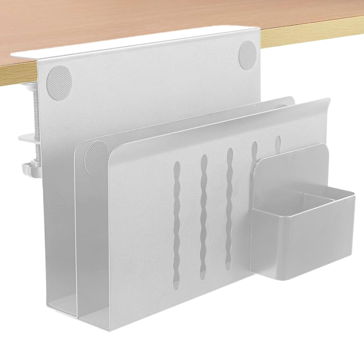 2 Tier Under Desk Organizer with Magnetic Pen Holder - No Drill Clamp-On Laptop & Office Storage for Tables (0.3