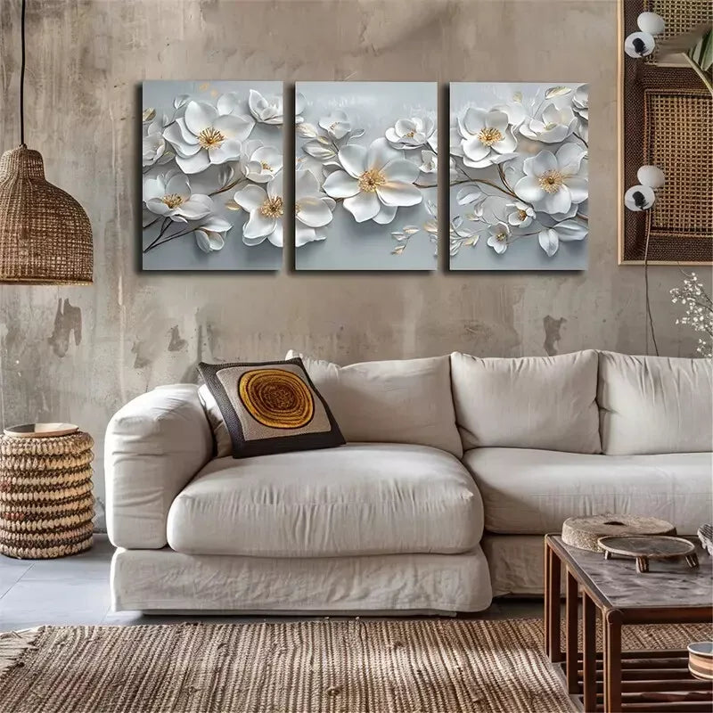 3-Piece Beautiful Blooming White Flowers Wall Art Set - Framed Canvas 40x60cm - High Quality Print - 100% Australian Made - Ready to Hang - Perfect for Living Room, Bedroom & Office Decor