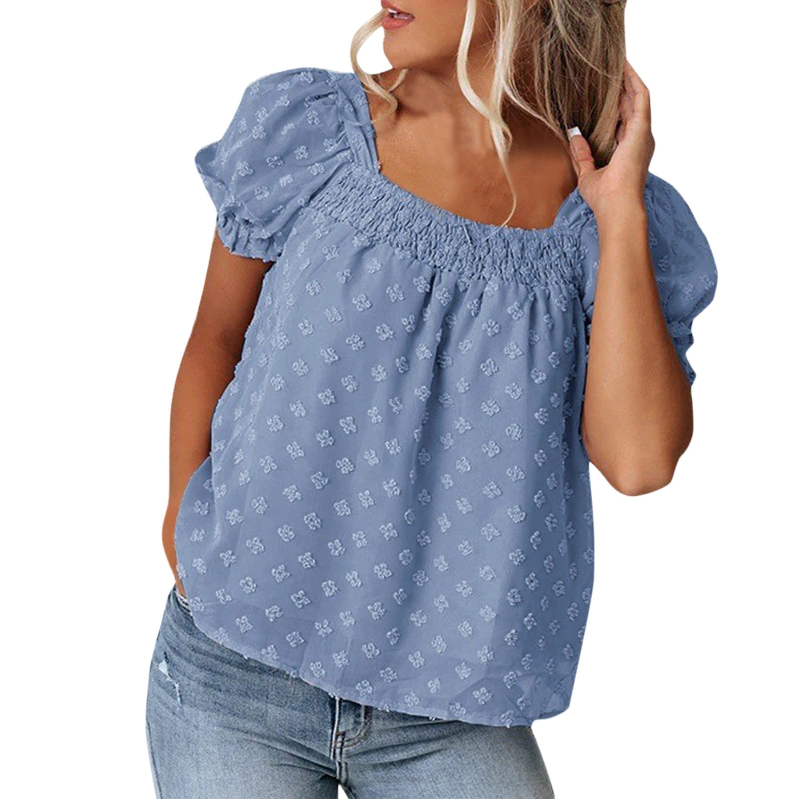 Women's Short Sleeve Polka Dot Tunic Top - Square Neck Blouse for Casual Wear, Office & Summer Outfits