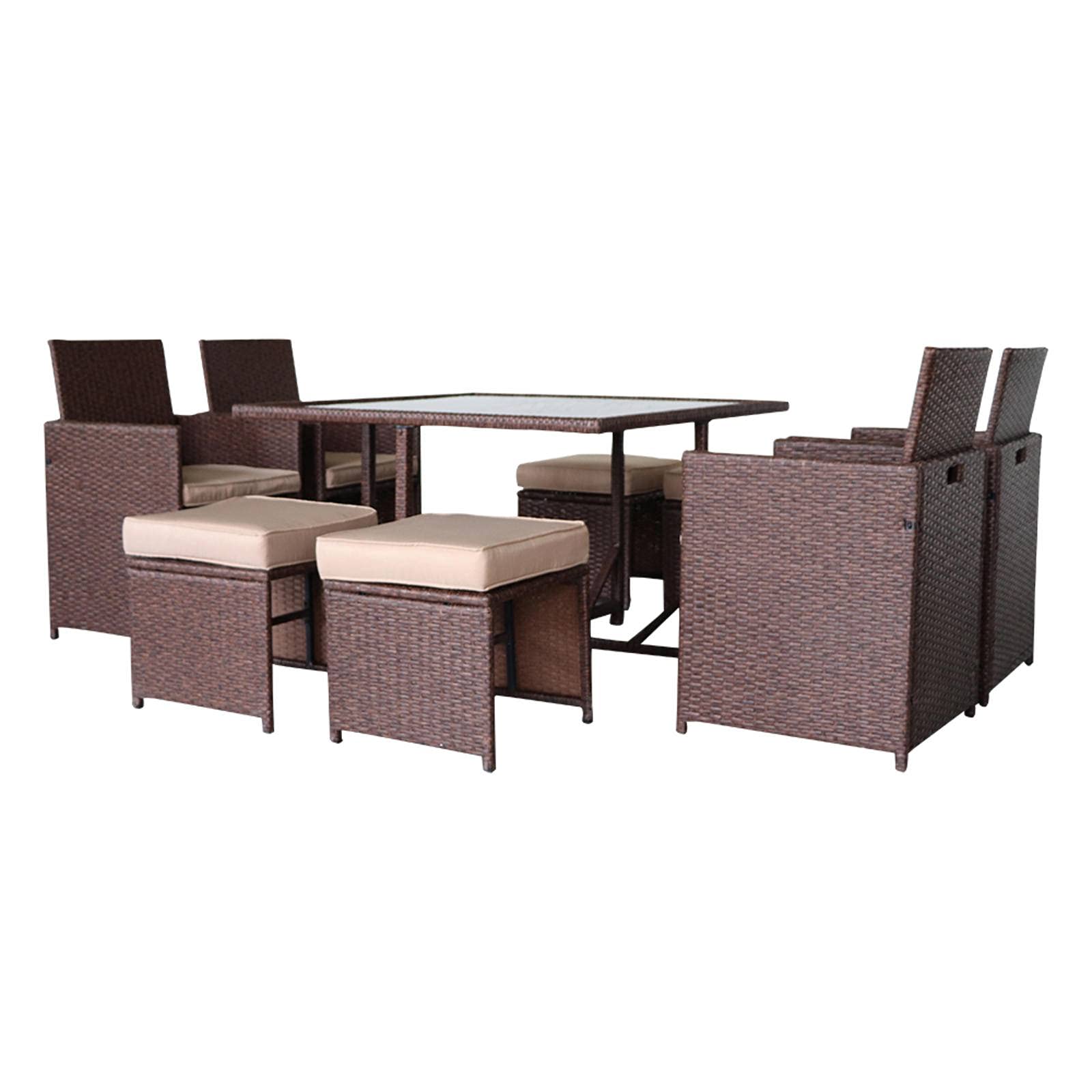 9-Piece Wood Grain PE Wicker Rattan Dining Ottoman Set with Tempered Glass Table - Outdoor Patio Furniture for Garden, Poolside & Backyard Relaxation