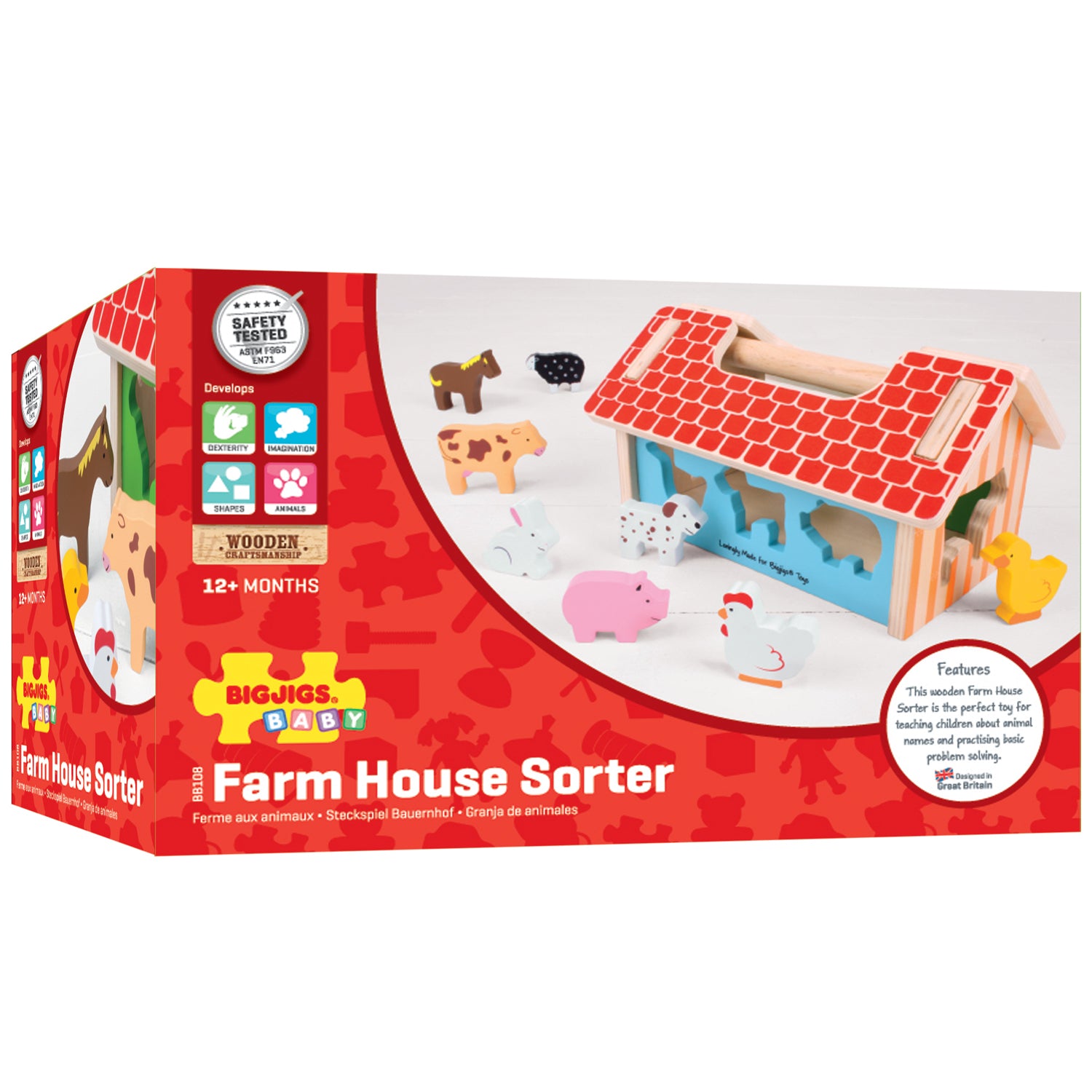 Bigjigs Baby Farm House Sorter - Educational Wooden Shape Sorting Toy for Toddlers | Early Learning Montessori Toy for Kids Ages 1-3 | Perfect for Preschool Classroom & Home Playtime