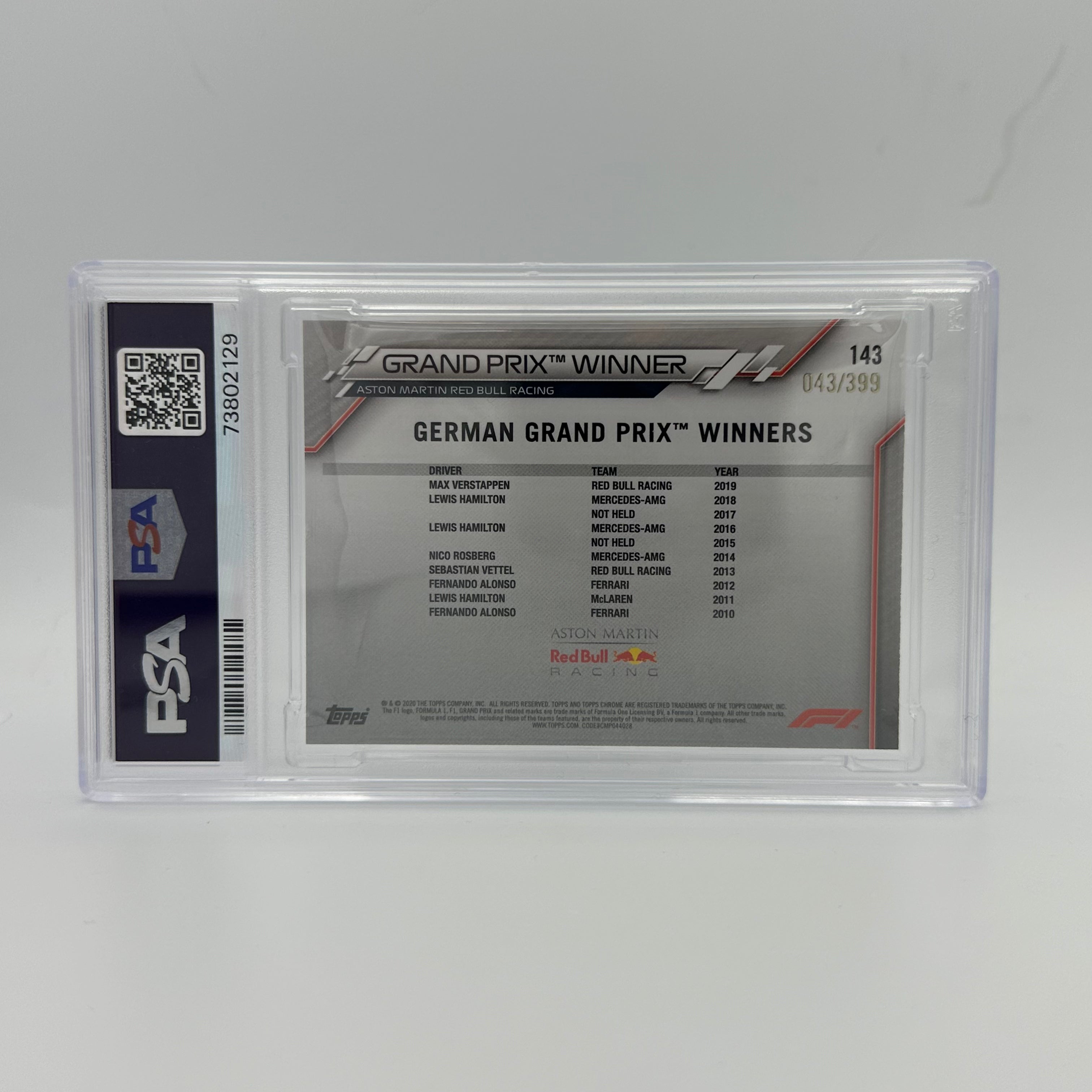 PSA 9 Graded 43/399 MAX VERSTAPPEN #143 Purple Refractor Baseball Card - Rare Collectible for Sports Memorabilia Fans & Card Investors