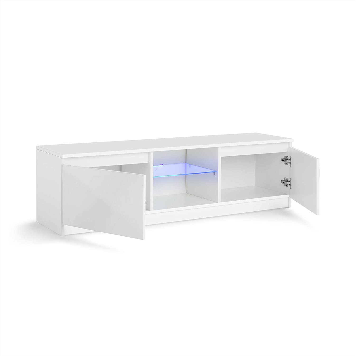 MMT Furniture TV Stand for 42-65 Inch LED LCD Plasma Flat Screen TVs - Modern Entertainment Center with Storage Cabinet & Blue LED Lights - White Media Console Shelf for Living Room, Bedroom & Home Theater Setup