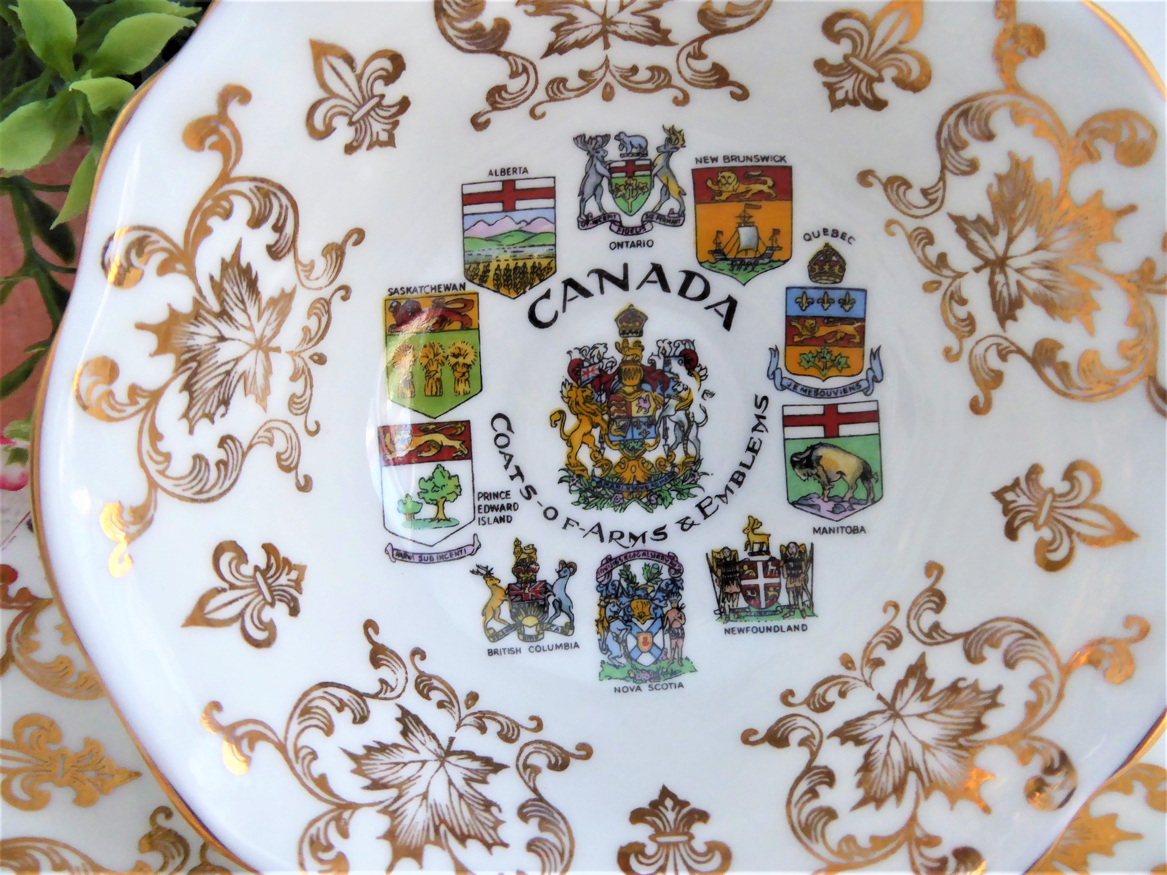 Paragon Cup and Saucer Set with Canadian Coats of Arms Emblems & Gold Overlay - Elegant Tea Set for Afternoon Tea, Royal Collection Display, and Gift Giving