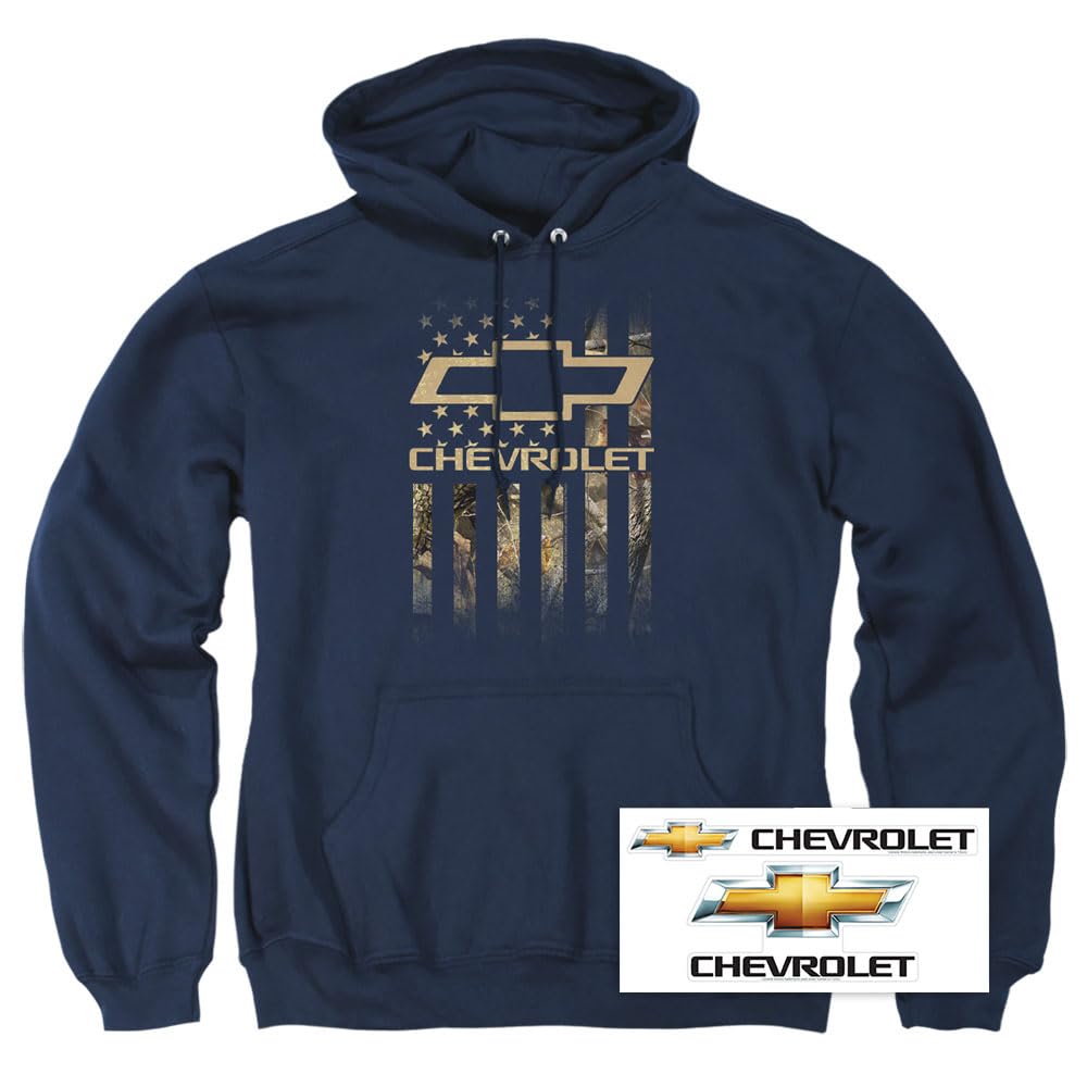 Popfunk Classic Chevy Camo Flag Pullover Hoodie with Free Stickers - Vintage Car Enthusiast Apparel for Men & Women - Perfect for Casual Wear, Car Shows, and Outdoor Adventures