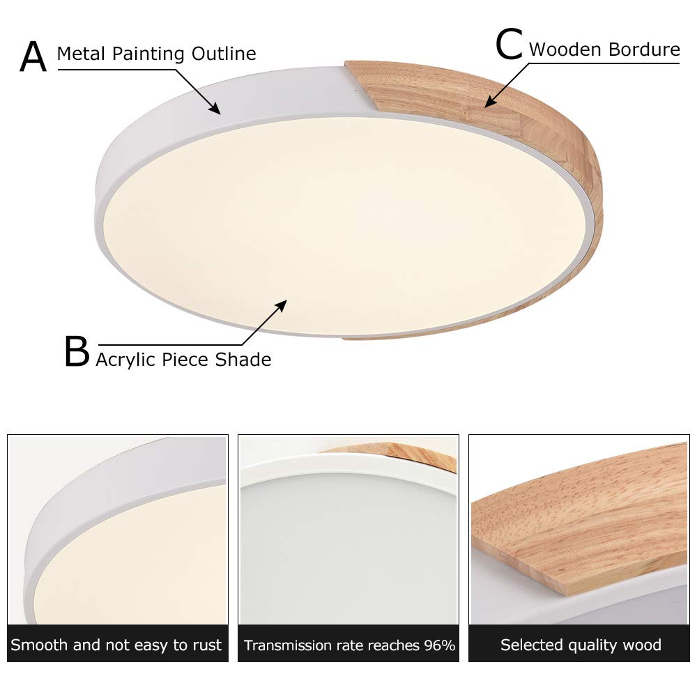 Modern Minimalist LED Flush Mount Ceiling Light - 19 Inch Round Dimmable Fixture with Remote Control (Wood, Metal & Acrylic, White) - Perfect for Living Room, Bedroom, Kitchen and Office Lighting