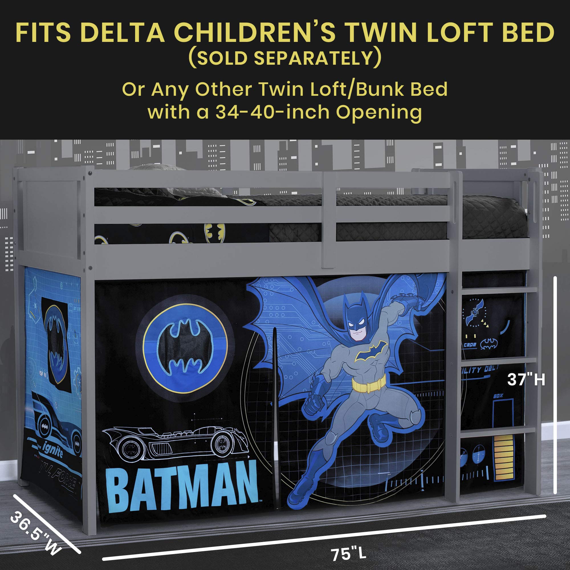 Batman Loft Bed Tent with Curtain Set for Low Twin Loft Beds - Superhero Themed Kids Bedroom Decor | Perfect for Playtime, Sleepovers & Imaginative Play (Bed Sold Separately) by Delta Children