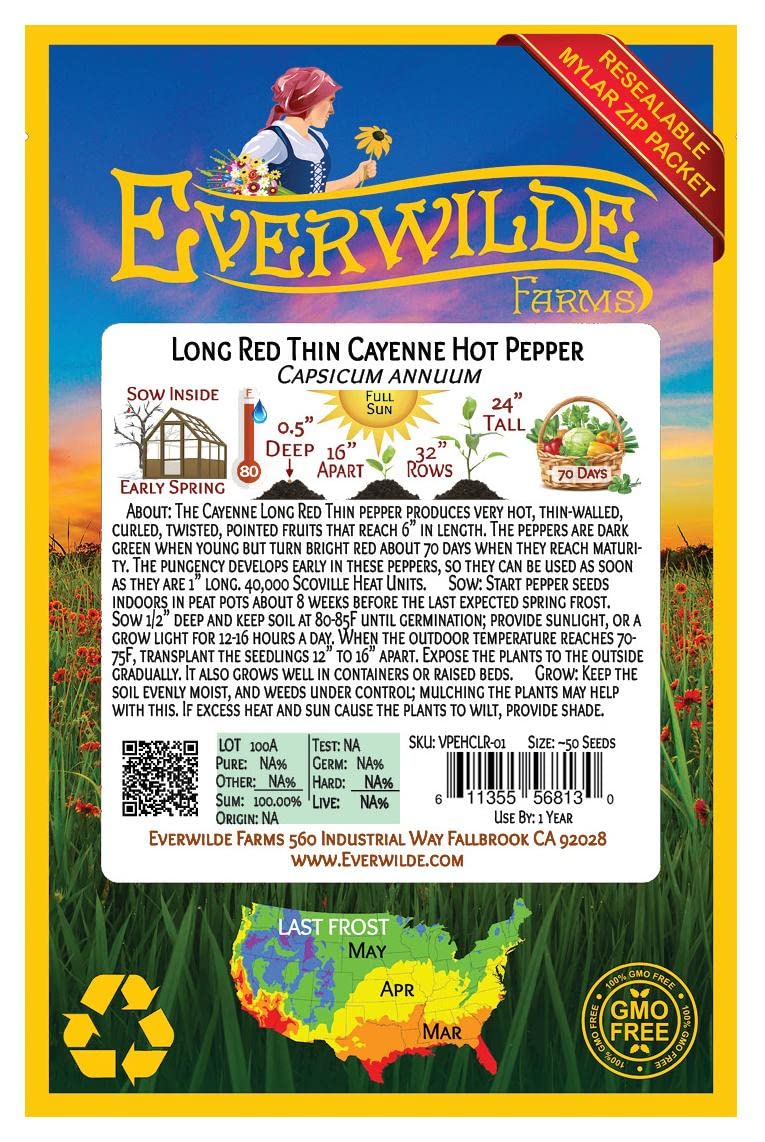 Everwilde Farms - 50 Cayenne Long Red Hot Pepper Seeds - Non-GMO, Heirloom, Gold Vault Seed Packet for Home Gardening, Cooking & Spice Making