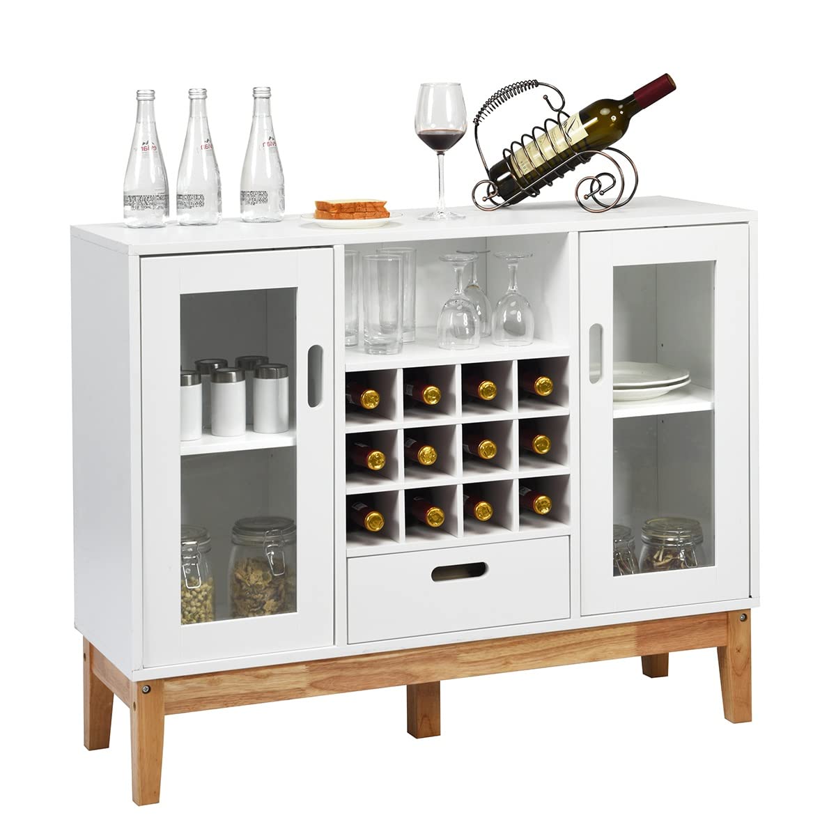 Modern Kitchen Storage Sideboard with Wine Rack - 12 Bottle Capacity, 2 Glass Doors, Adjustable Shelves & Drawer - Coffee Bar Cabinet for Dining Room, Entryway or Kitchen Organization