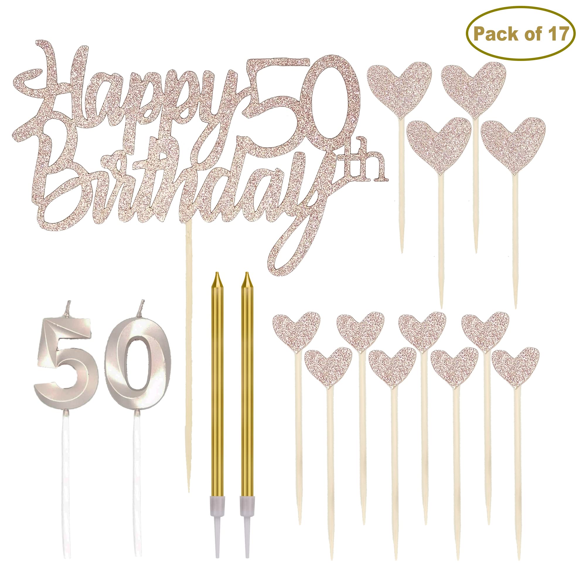 50th Birthday Cake Topper Set - Number 50 Candles, Heart Cupcake Toppers & Cake Decorations (17-Piece) for 50th Anniversary Party | Perfect for Milestone Celebrations, Retirement Parties & Golden Jubilees