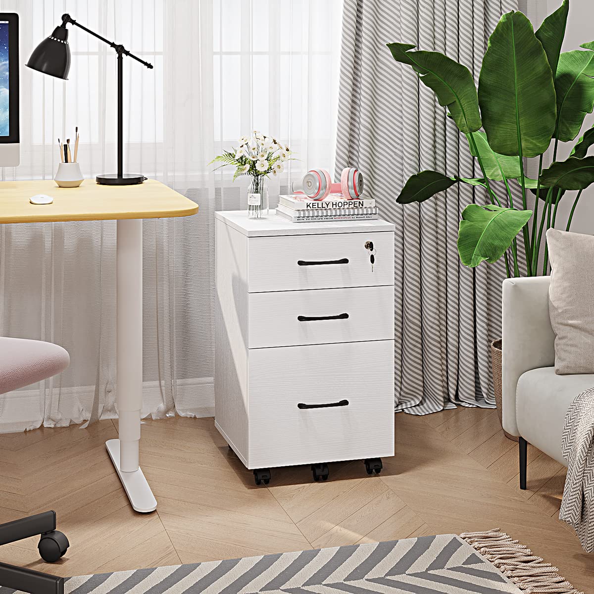 Panana 3-Drawer Rolling File Cabinet - White Wooden Mobile Storage Organizer for Home Office | Under Desk File Cabinet with Smooth Wheels | Perfect for Documents, Office Supplies & Craft Storage