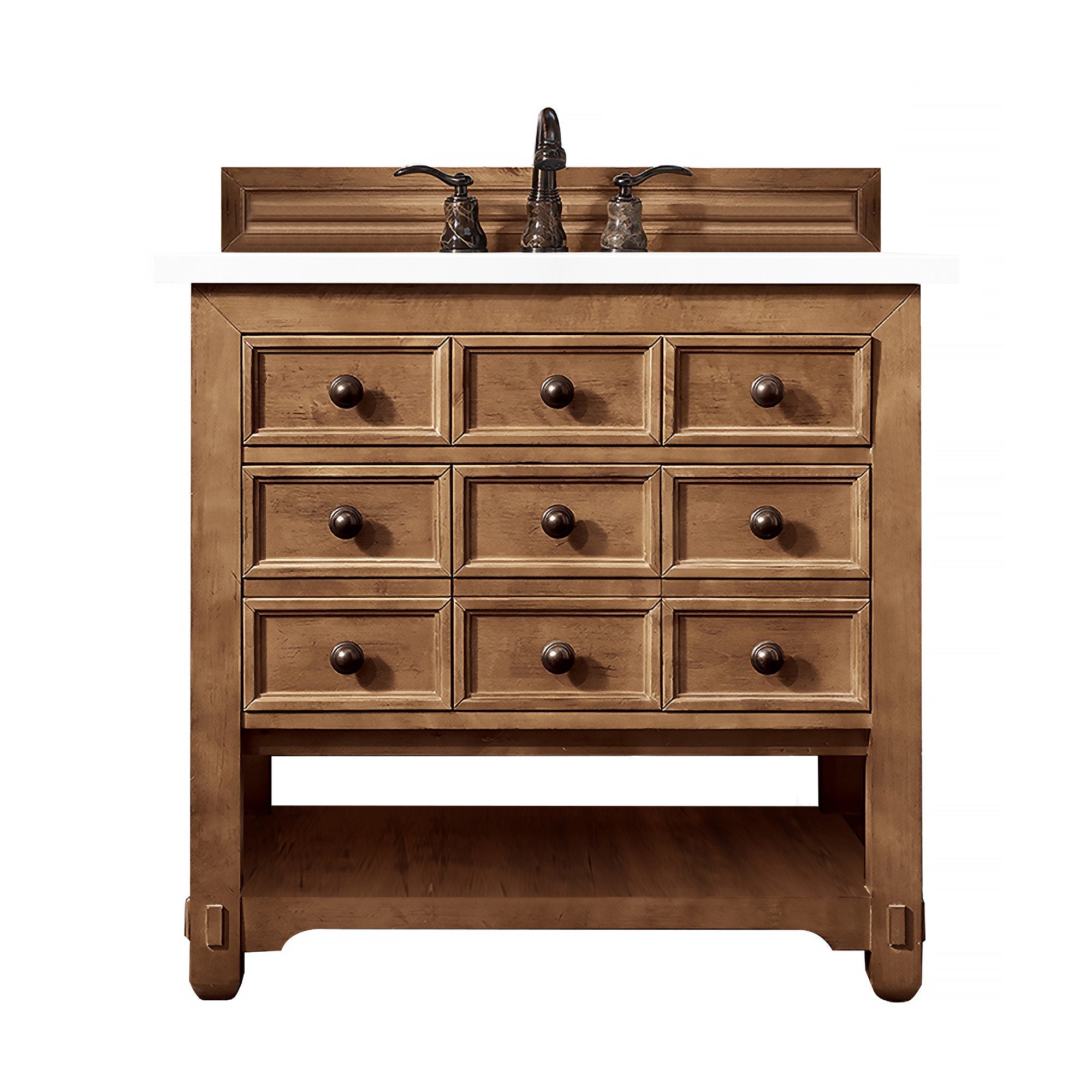 Malibu 36 Inch Single Vanity Cabinet in Honey Alder with 3CM Classic White Quartz Top - Perfect for Bathroom Remodeling & Modern Home Decor