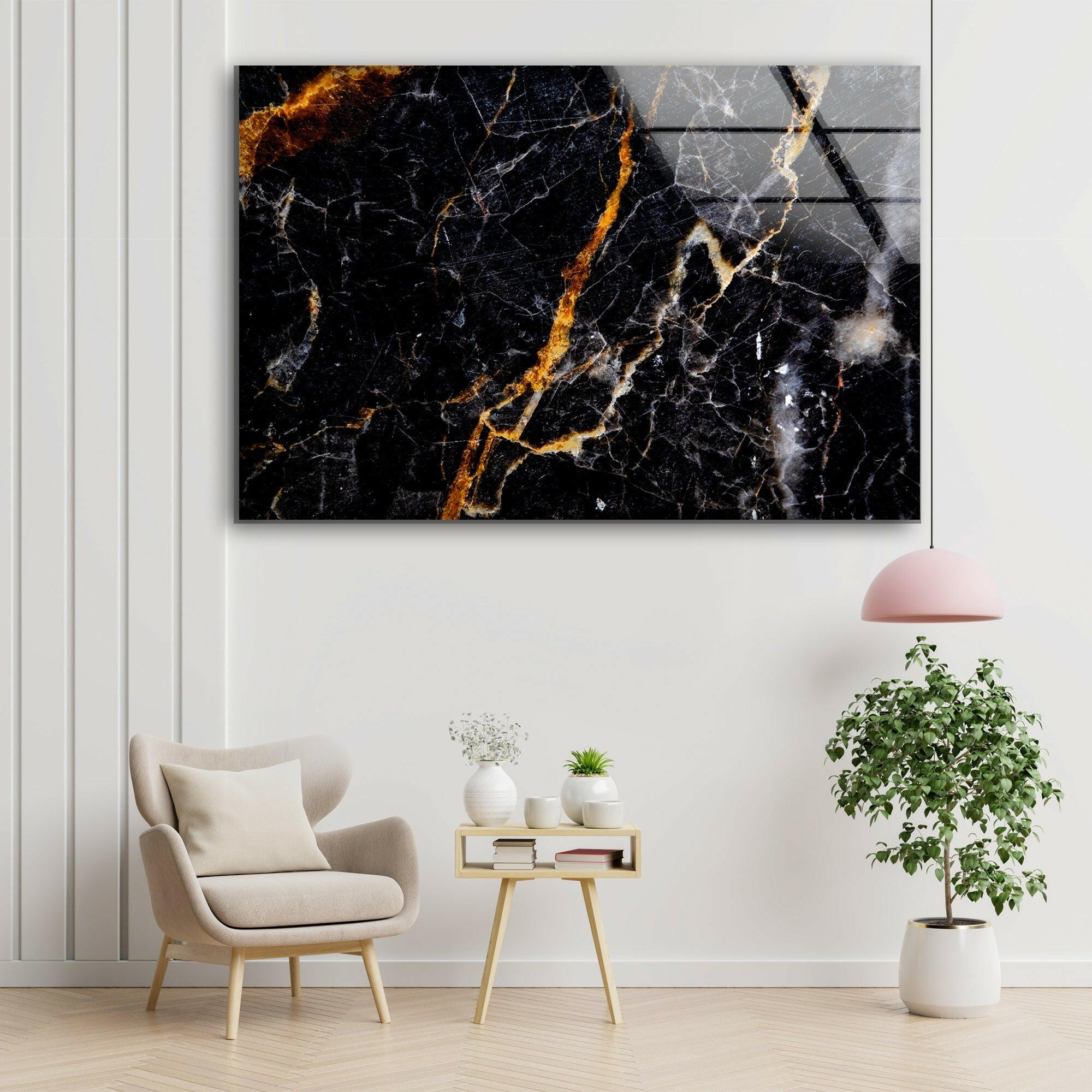 Black & Orange Marble Abstract Glass Wall Art - Modern Home Decor for Living Room, Bedroom & Office - Unique Handmade Glass Painting for Contemporary Interior Design