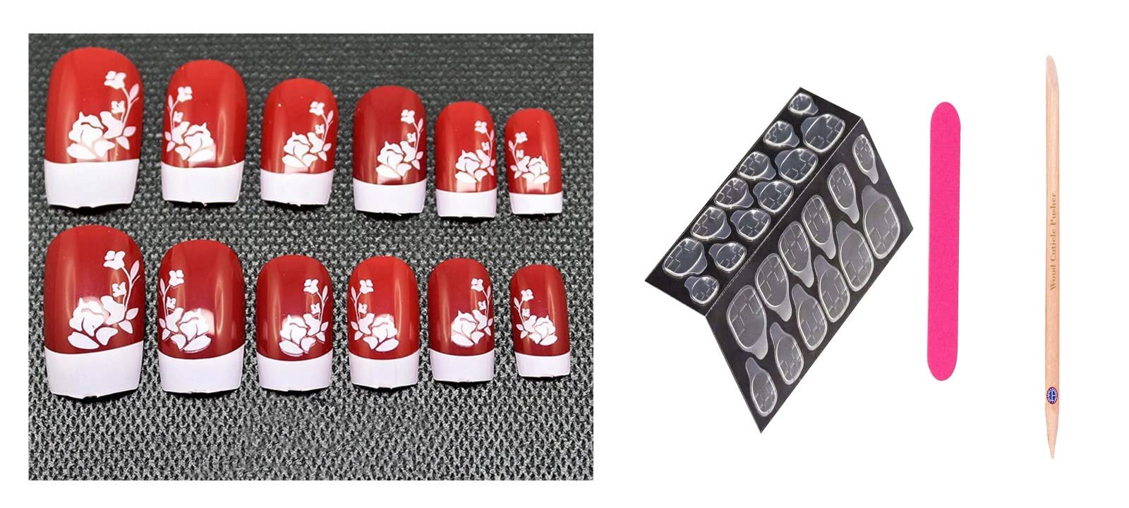 ELA A1(5) Fancy Nails & Accessories Kit - 12pc Press on Nails, 24pc Nail Glue Tabs, Mini Nail Filer & Cuticle Pusher Stick - Perfect for Home Manicure, Salon Use & Party Nail Art