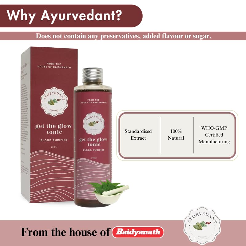 Baidyanath Ayurvedant Get The Glow Tonic Herbal Elixir 200ml - Natural Skin Brightening & Hydrating Formula for Radiant & Glowing Skin | Pack of 1 | Perfect for Daily Skincare Routine & Ayurvedic Beauty Regimen