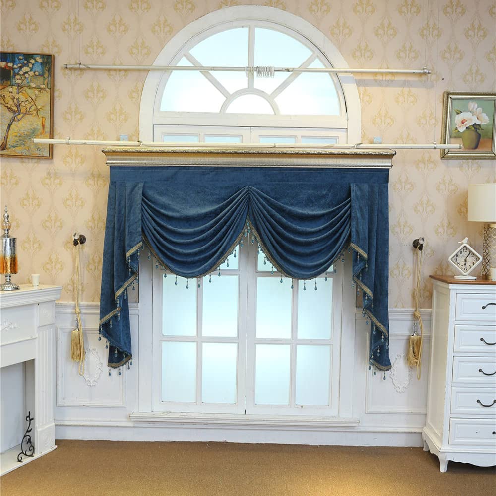 Custom European Swag Valance Curtains - Blue Chenille Waterfall Valance with Beaded Tassel Decor | Rod Pocket Blackout Valance Set for Living Room, Bedroom & Kitchen (1 Panel) | Perfect for Home Decor, Window Treatments & Room Dividers