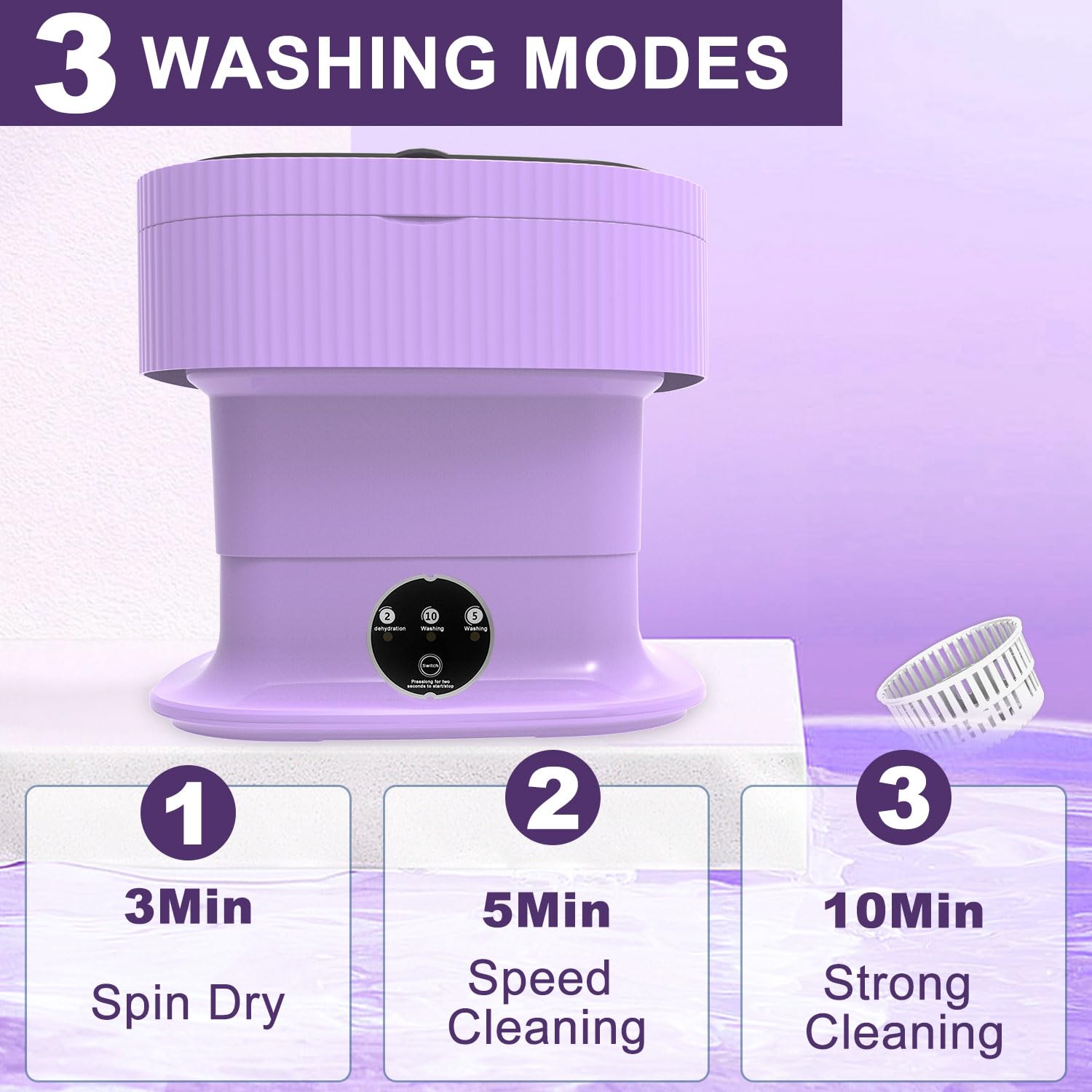 Portable Washing Machine 15L with Spin Dryer - Compact Foldable Mini Washer for Dorm, Apartment, RV & Travel - Perfect for Baby Clothes, Underwear & Socks - Space-Saving Purple Laundry Solution for Small Spaces & Camping