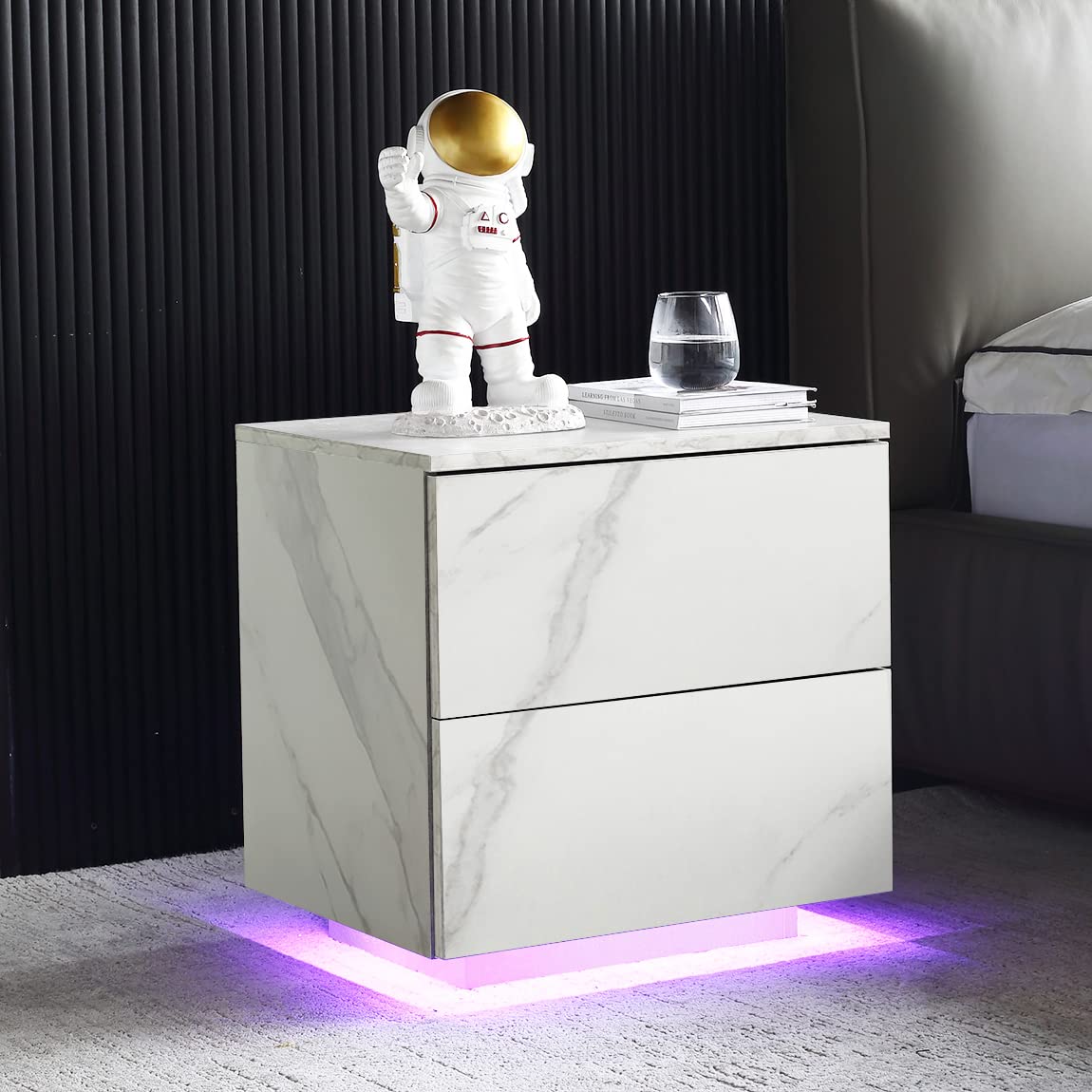 Modern LED Nightstand with 2 Drawers - White Marble Bedside Table with Large Storage Space for Bedroom, Living Room | Perfect as End Table, Side Table for Home Decor & Nighttime Reading