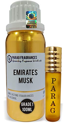 Parag Fragrances Emirates Musk 100ml Natural Attar Perfume Oil - Alcohol-Free Grade 1 Essential Oil for Clothes, Religious Ceremonies & DIY Cosmetics - Includes Empty Fancy Bottles for Gifting & Personal Use