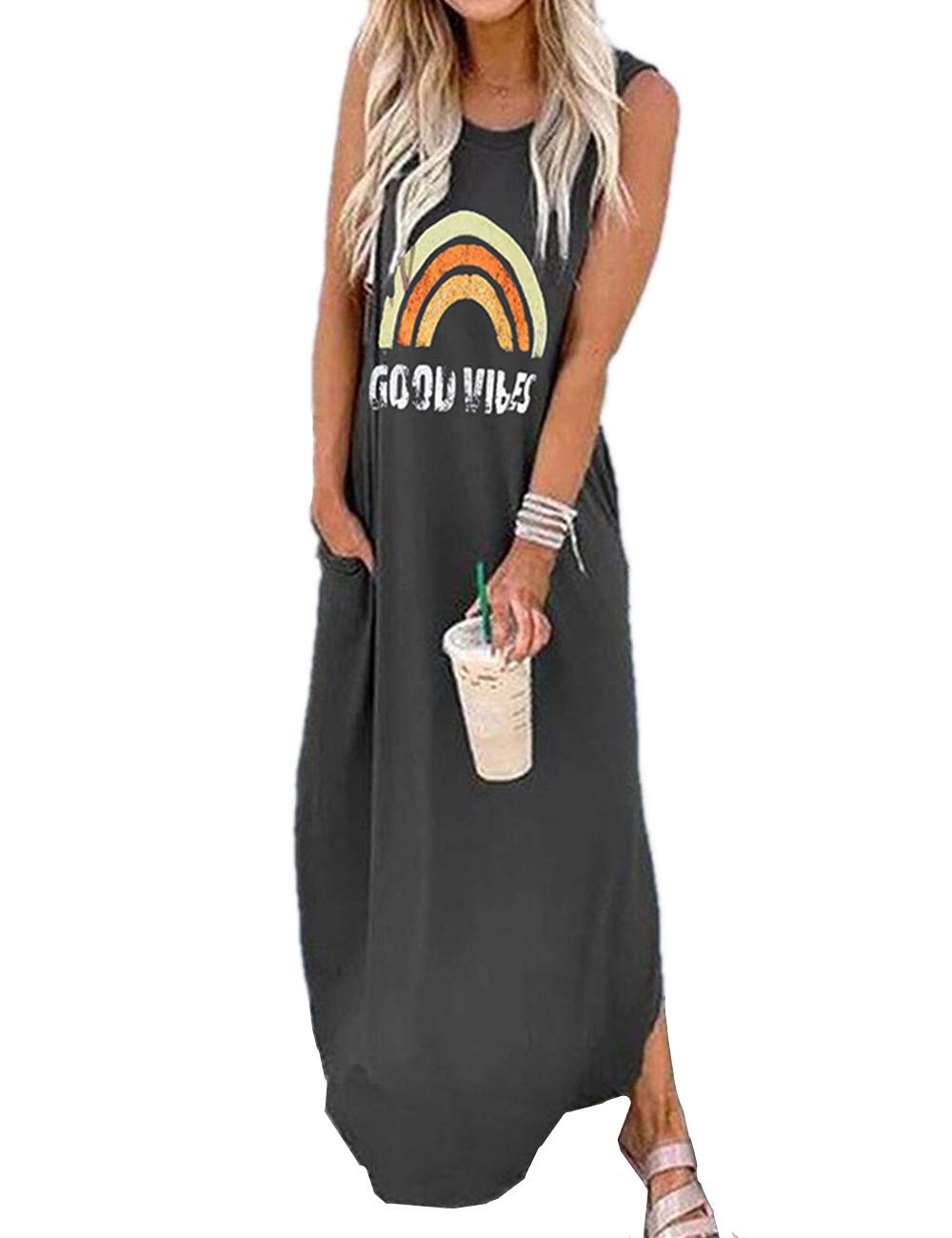 Women's Casual Rainbow Graphic Sleeveless Maxi Dress with Pockets - Summer Hawaiian Beach Tank Dress & Plain Shirt Dress for Vacation, Pool Party, and Outdoor Activities