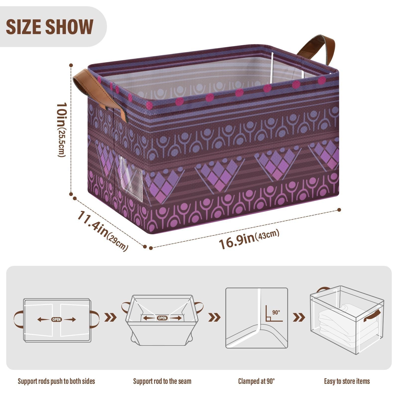 Yuiboo Decorative Shelf Baskets - 2 Pack Boho Fabric Storage Bins with Handles, Ethnic Purple Closet Organizers for Bedroom, Bathroom & Living Room Storage Solutions