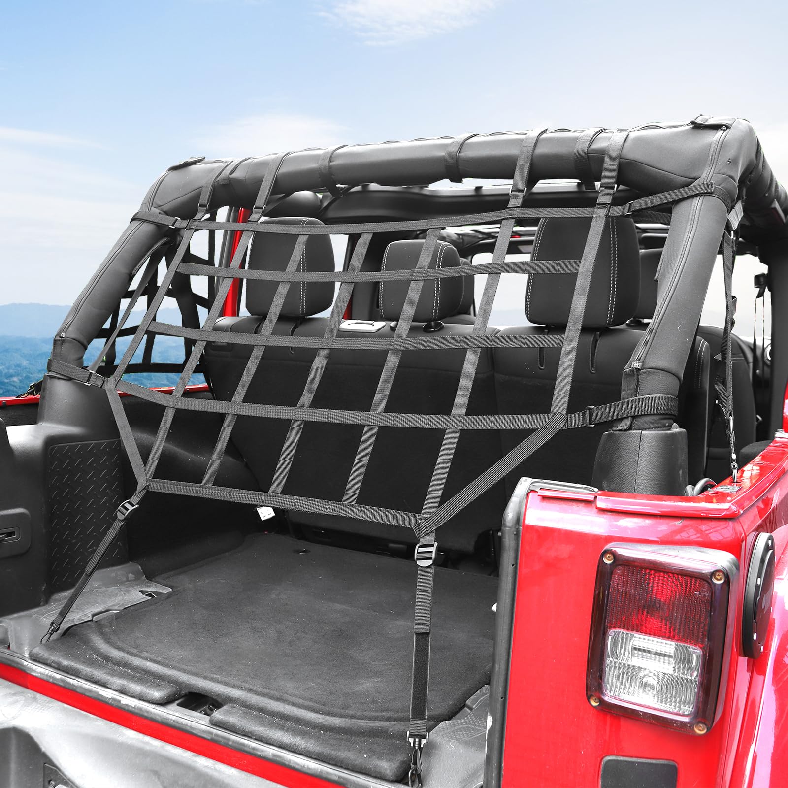 Jeep Wrangler JKU Cargo Net - Heavy Duty Black Rear Storage Restraint System for 2007-2017 4-Door Models (3-Piece Set) | Perfect for Off-Road Adventures, Camping Gear Organization & Vehicle Storage Solutions