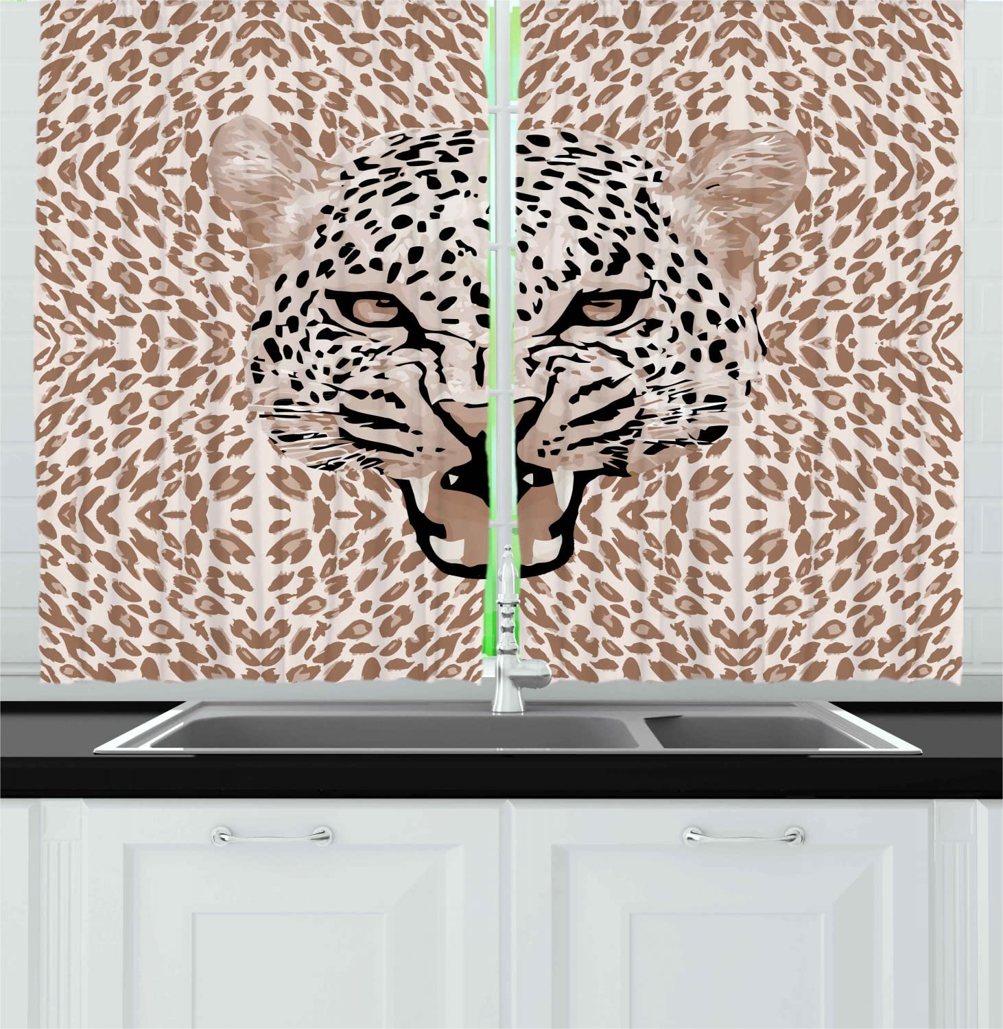 Ambesonne Modern Long Kitchen Curtains - Roaring Leopard Portrait with Rosettes, Wild Animal Big Cat Graphic Blackout Drapes - 55