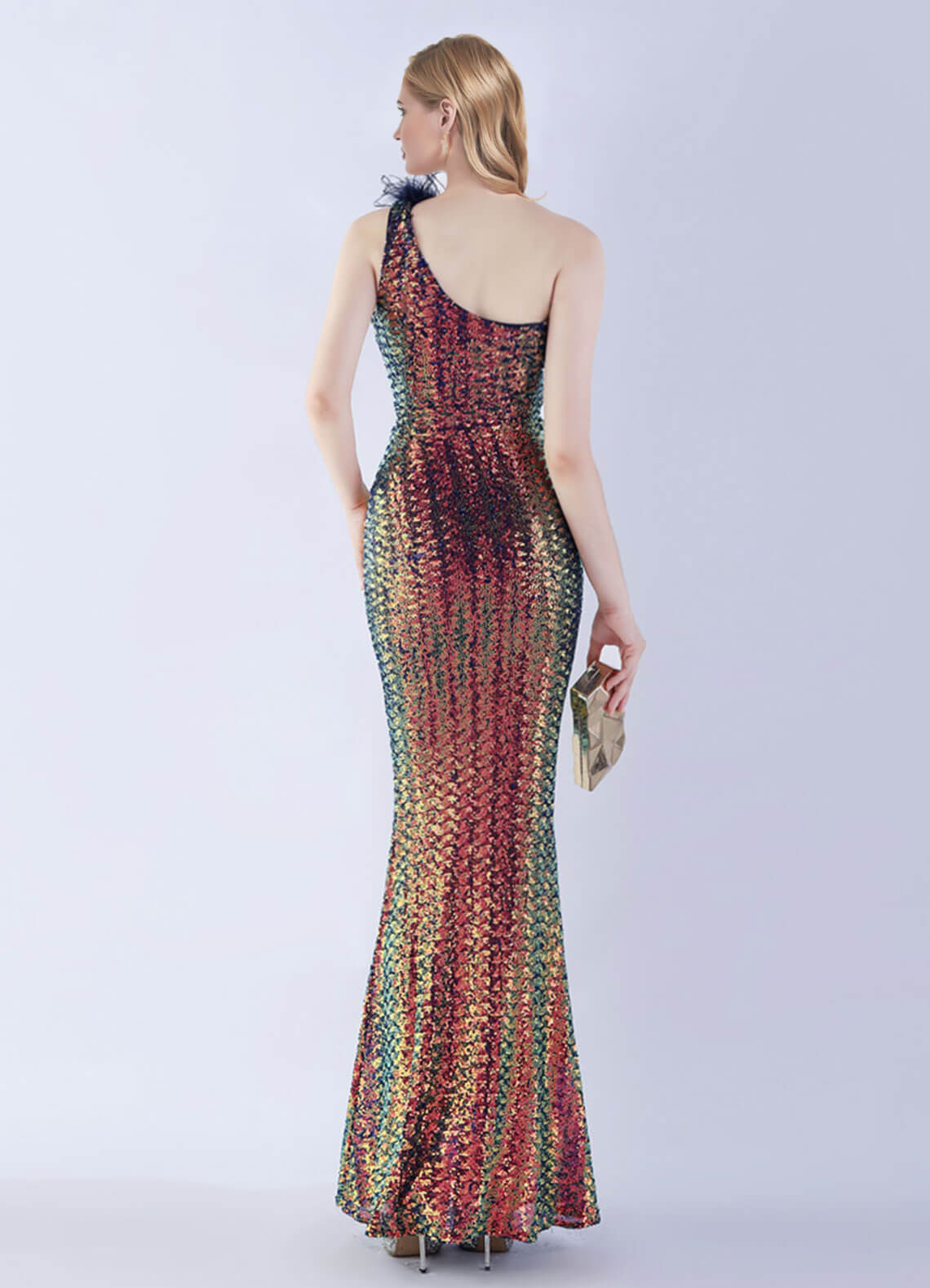 Elegant Blue One Shoulder Feather Sequin Mermaid Evening Gown for Prom, Wedding & Formal Events - Luxury Women's Party Dress