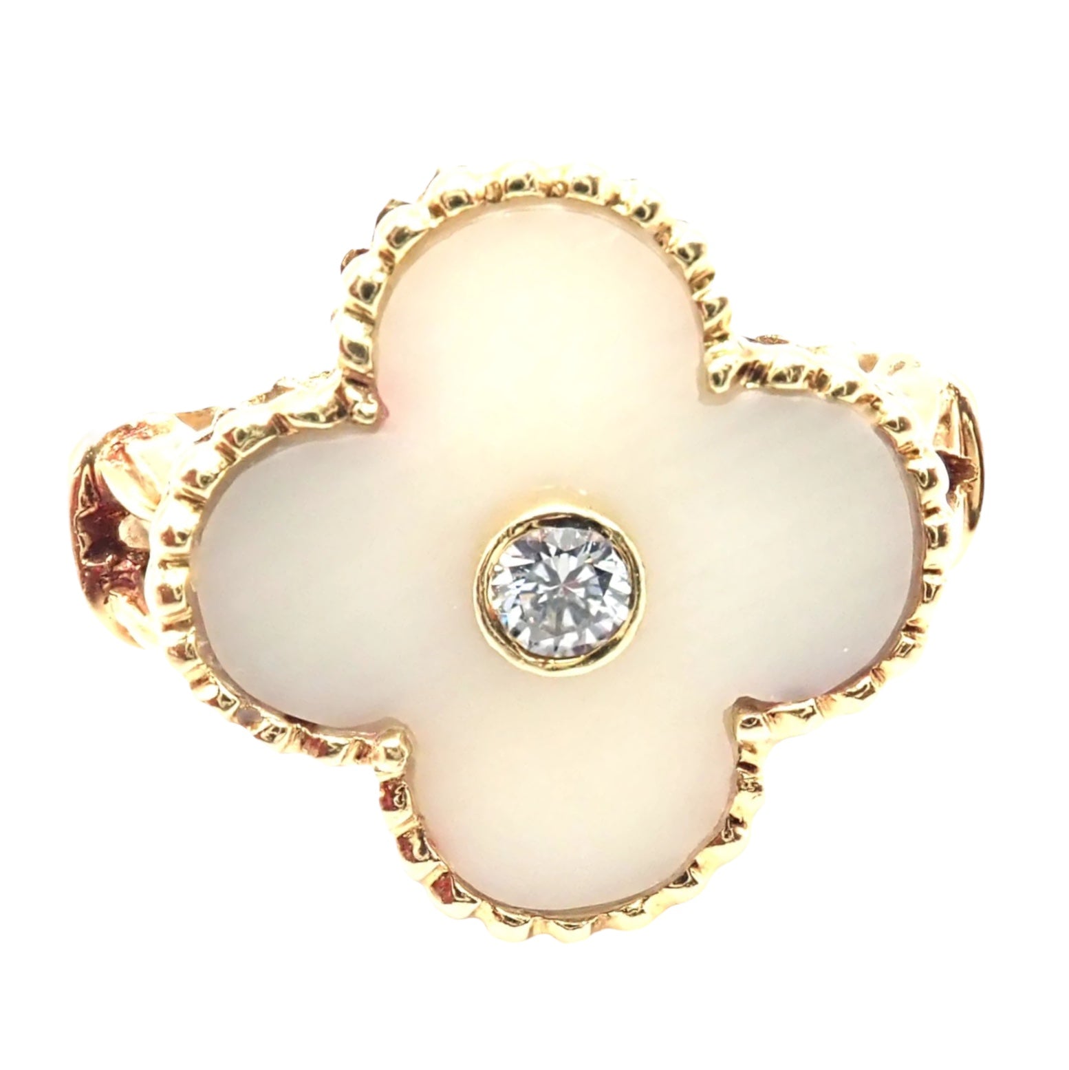 Van Cleef & Arpels Vintage Alhambra 18k Yellow Gold Diamond & White Coral Ring for Women - Luxury Jewelry Gift for Anniversary, Wedding & Special Occasions