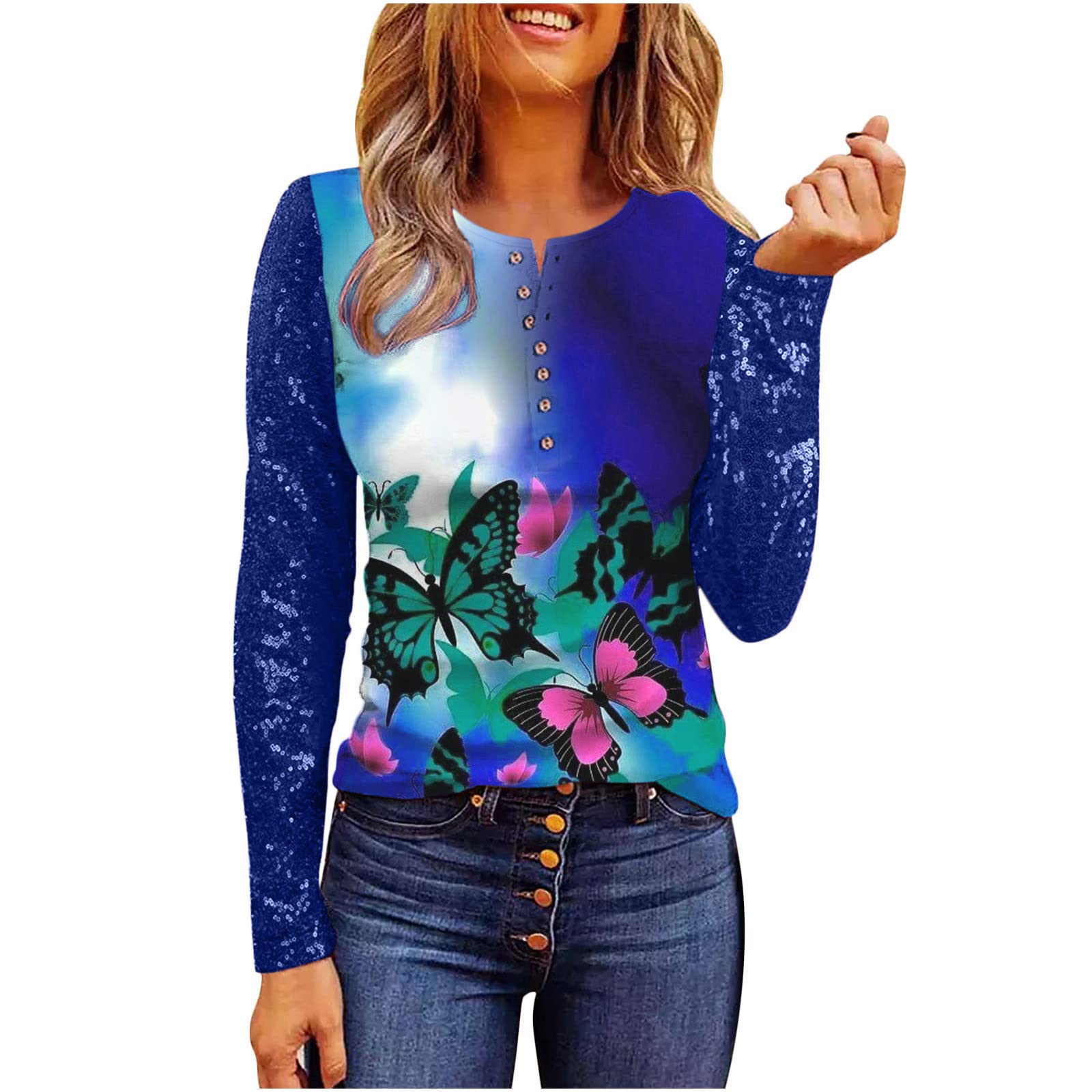 Women's Long Sleeve Workout Tops - Ruffle Flare Swing Shirt & Peplum Style in Blue | Gym, Yoga & Casual Wear
