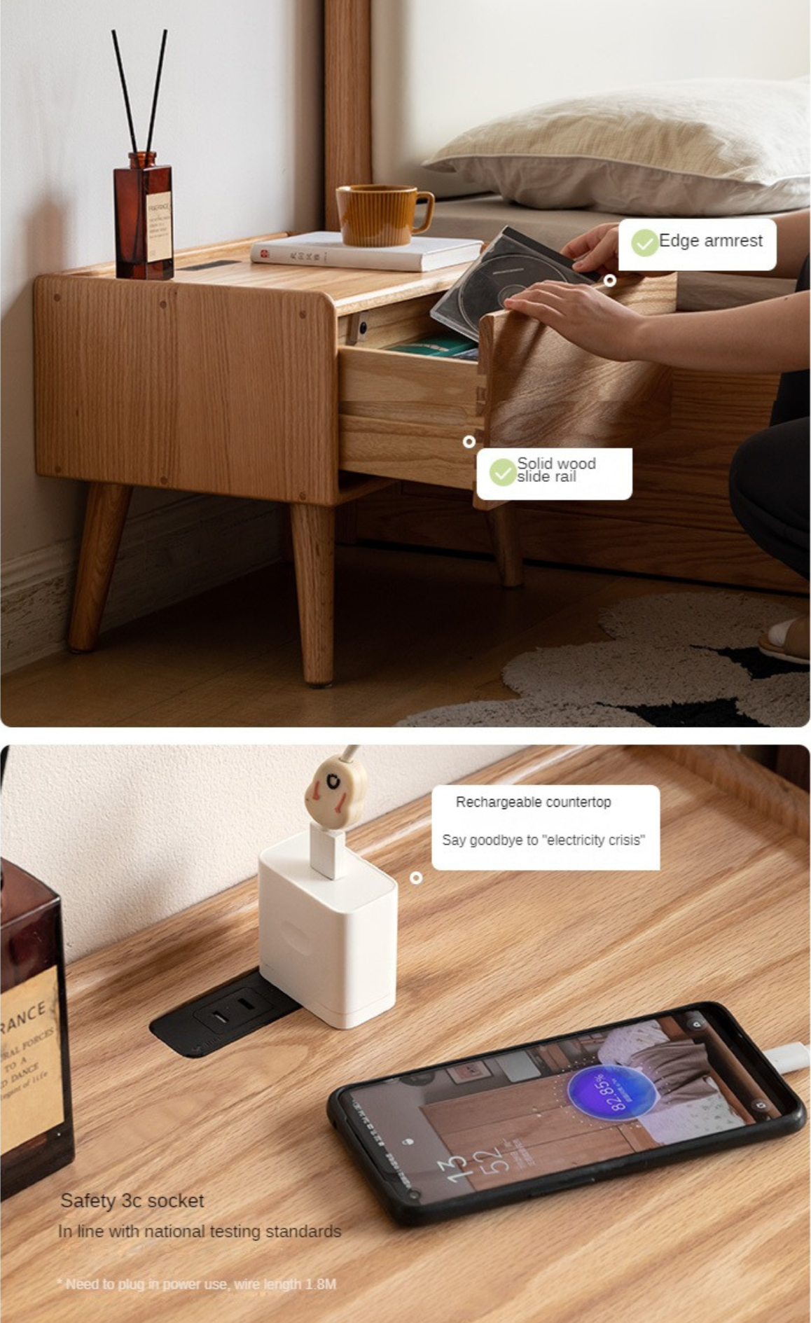 Solid Oak Wood Nightstand with Built-in USB Outlet - Perfect for Bedroom, Living Room, or Office Use