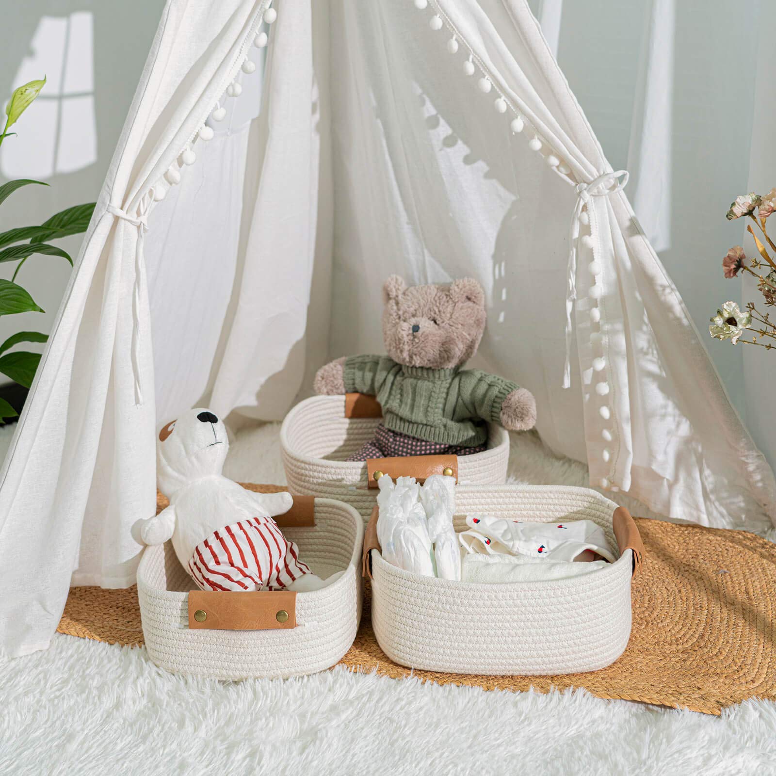 CHICVITA 3-Pack Rectangular Cotton Rope Storage Baskets with Handles - Woven Organizer for Books, Magazines, Toys | Perfect Nursery, Living Room & Home Decor Gift | Great for Baby Rooms, Shelves and Closet Organization