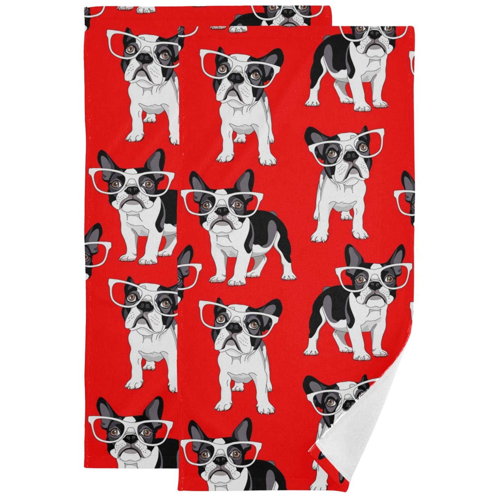 French Bulldog Hand Towels 2-Pack - 28x14 Inch Absorbent Kitchen & Bath Towels for Guest Bathroom, Powder Room and Kitchen Decor - Cute Cartoon Dog Design for Home, Airbnb and Hotel Use