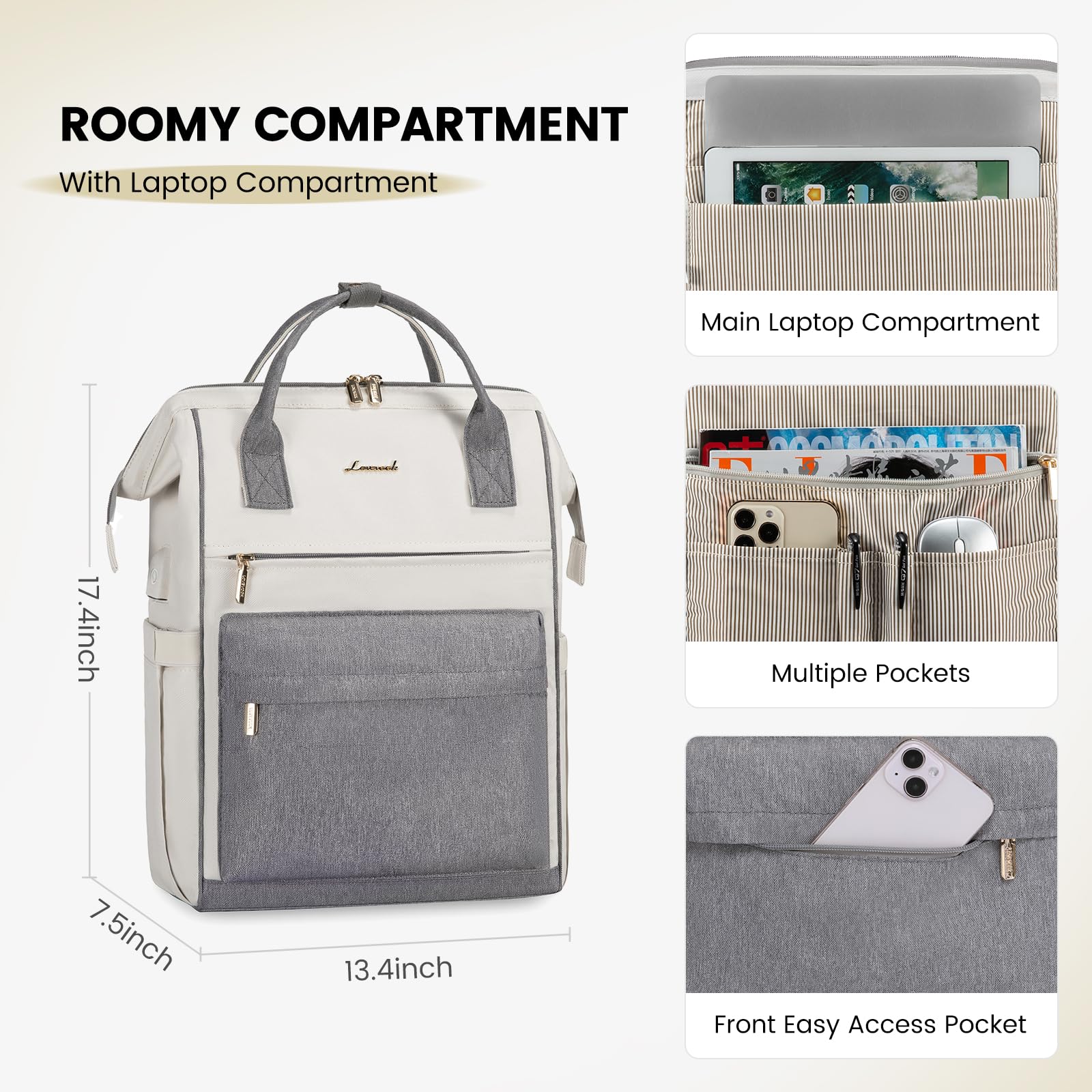 LOVEVOOK Waterproof Laptop Backpack for Women - 17.3 Inch Work Computer Bag with USB Charging Port, Durable Business Travel Backpack for Teachers, Nurses & Professionals (Off White-Grey) - Perfect for Office Commute, College & Daily Use