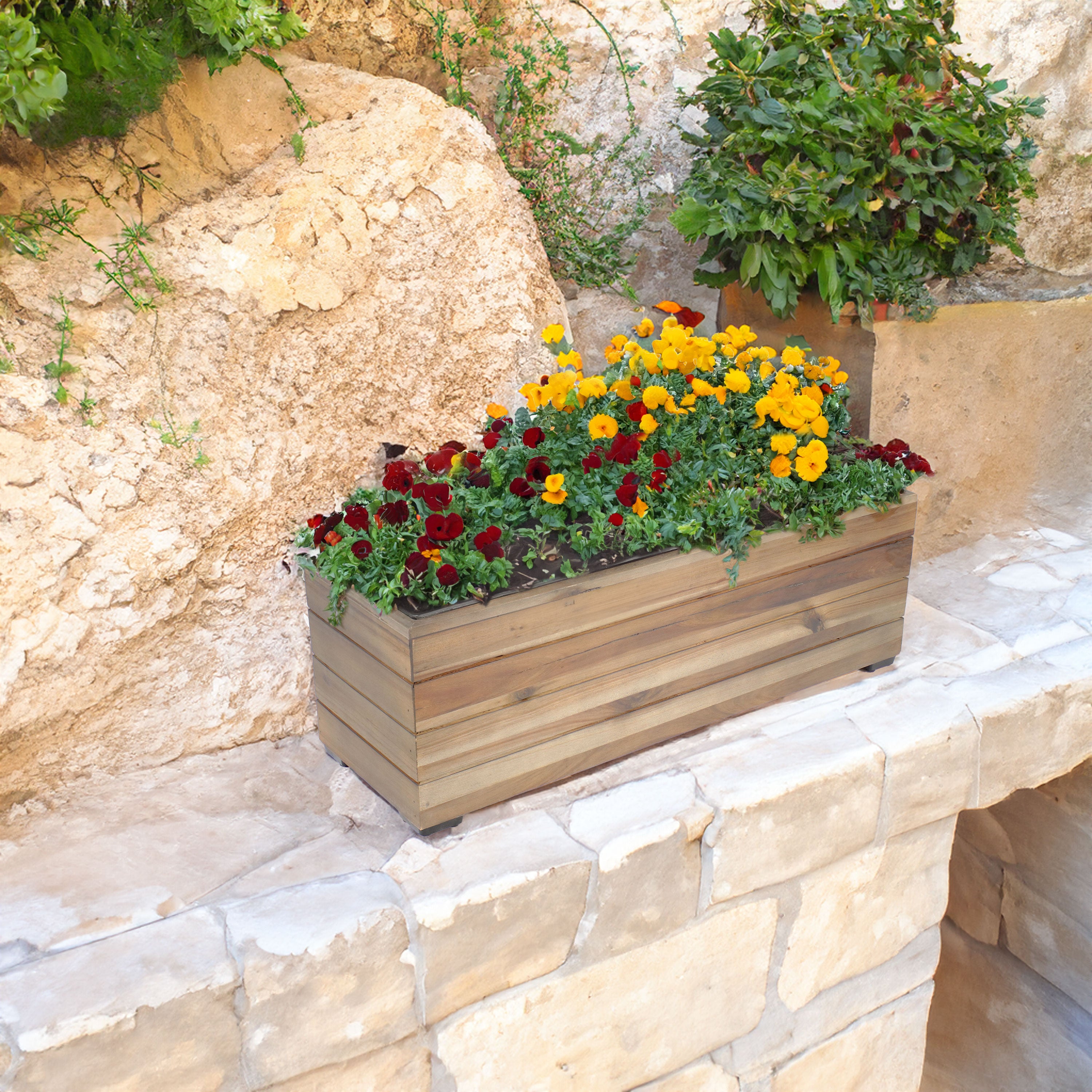 Sunnydaze Rectangular Wood Planter Box with Plastic Liner - Outdoor Garden Decor for Flowers, Herbs & Plants - Perfect for Patio, Deck & Backyard Landscaping