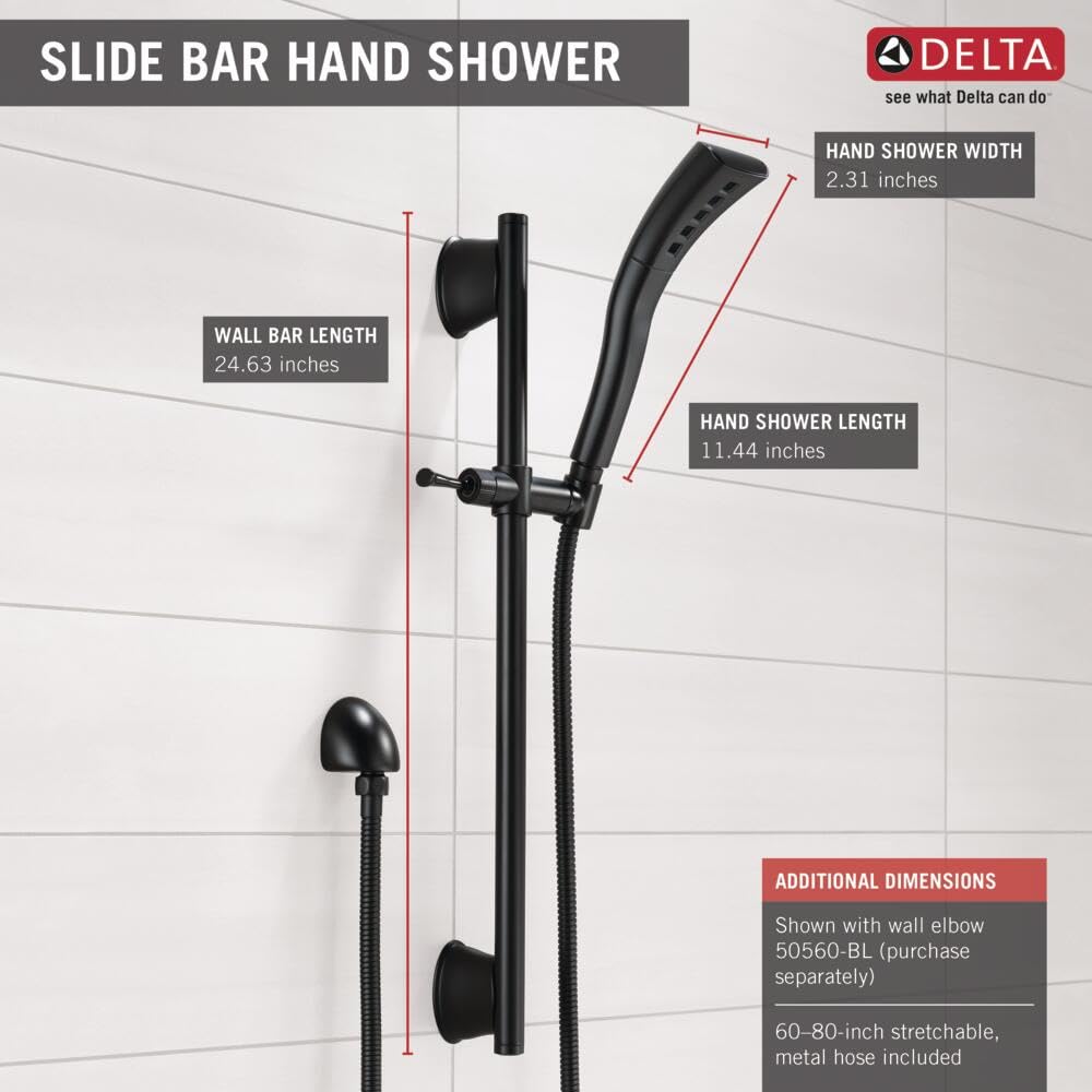 DELTA FAUCET 51579-BL Matte Black Single-Setting H2Okinetic Slide Bar Hand Shower - Water Saving Shower Head with Adjustable Height for Bathroom & Spa Relaxation