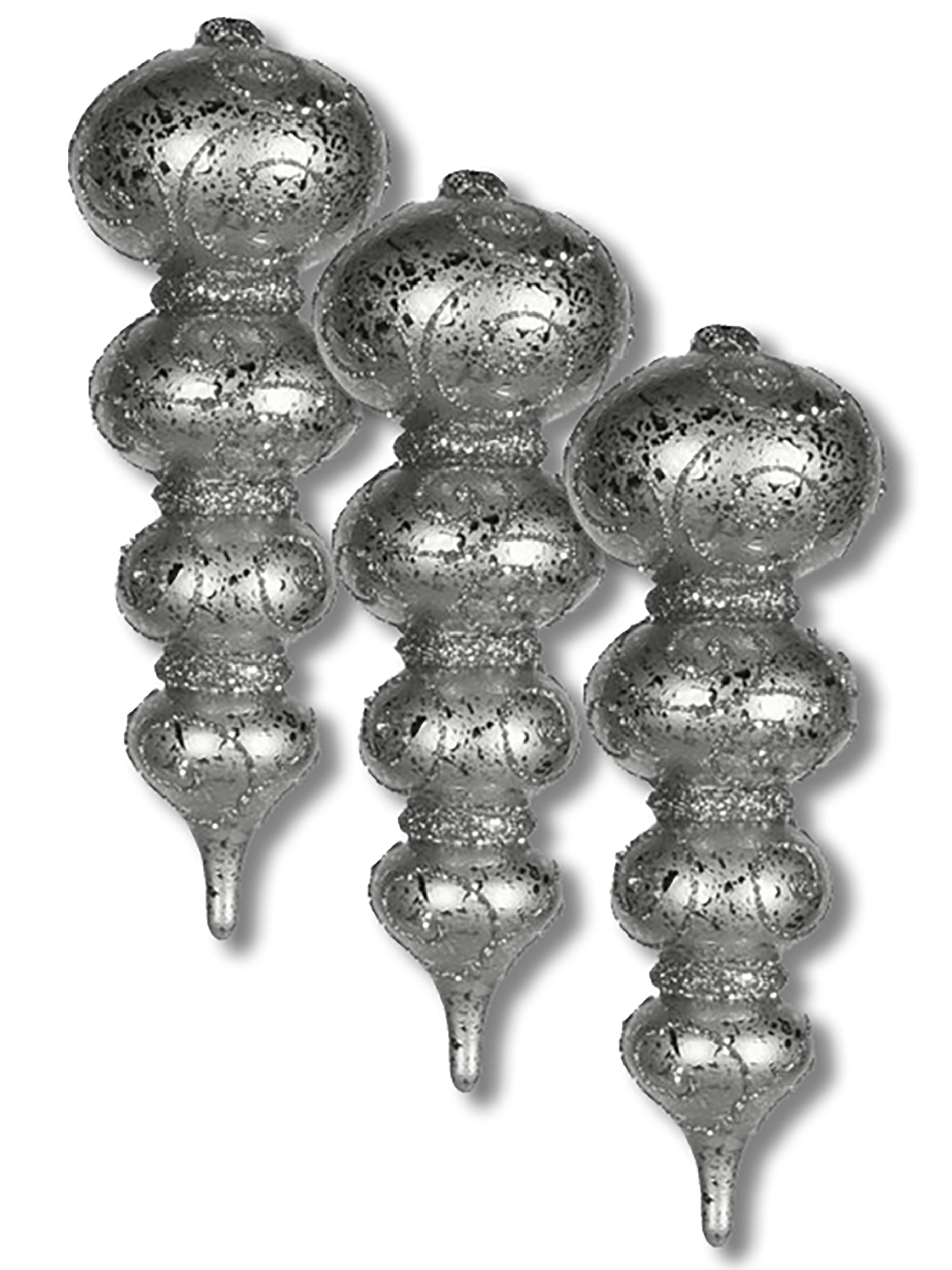3 Pack Silver Finial Ornaments with Glitter Swirl Design - Elegant Christmas Tree Toppers for Holiday Decor, Wedding Centerpieces & Home Decoration