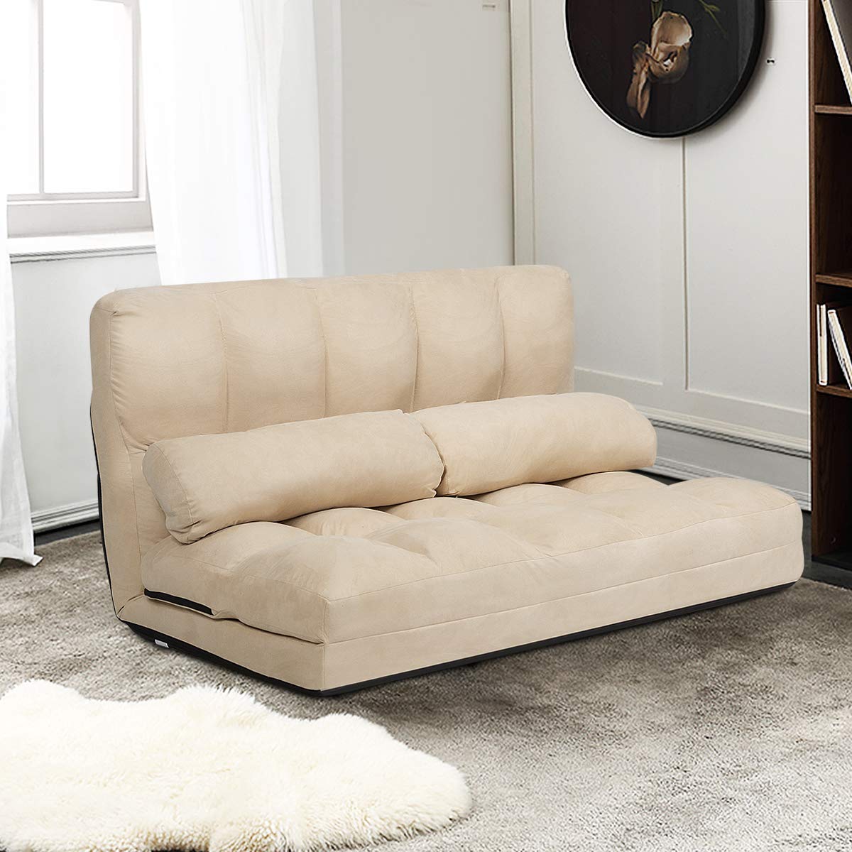 Giantex Adjustable Floor Sofa Bed - 6-Position Foldable Lazy Sleeper with Suede Cover & 2 Pillows - Multi-Functional Gaming Couch for Living Room, Bedroom, Balcony - Perfect for Relaxing, Lounging & Small Space Living (Beige)